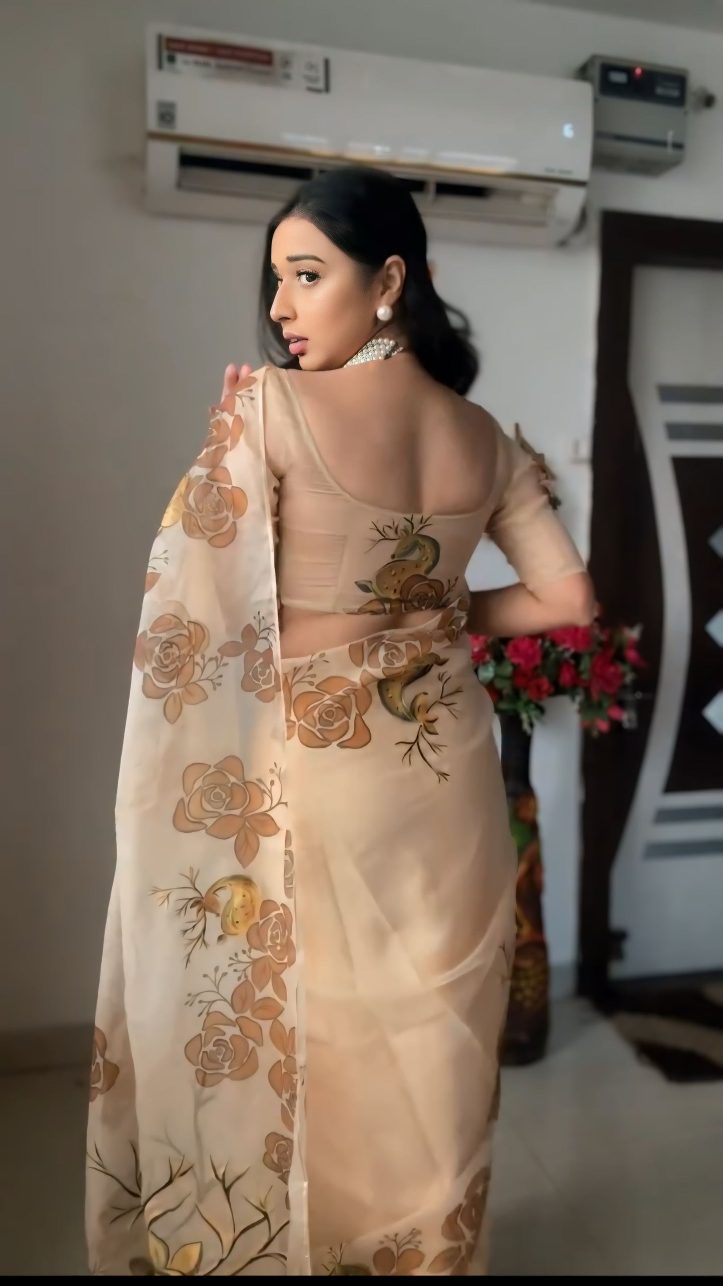 Beige Floral Hand-Painted Linen Ready To Wear Saree
