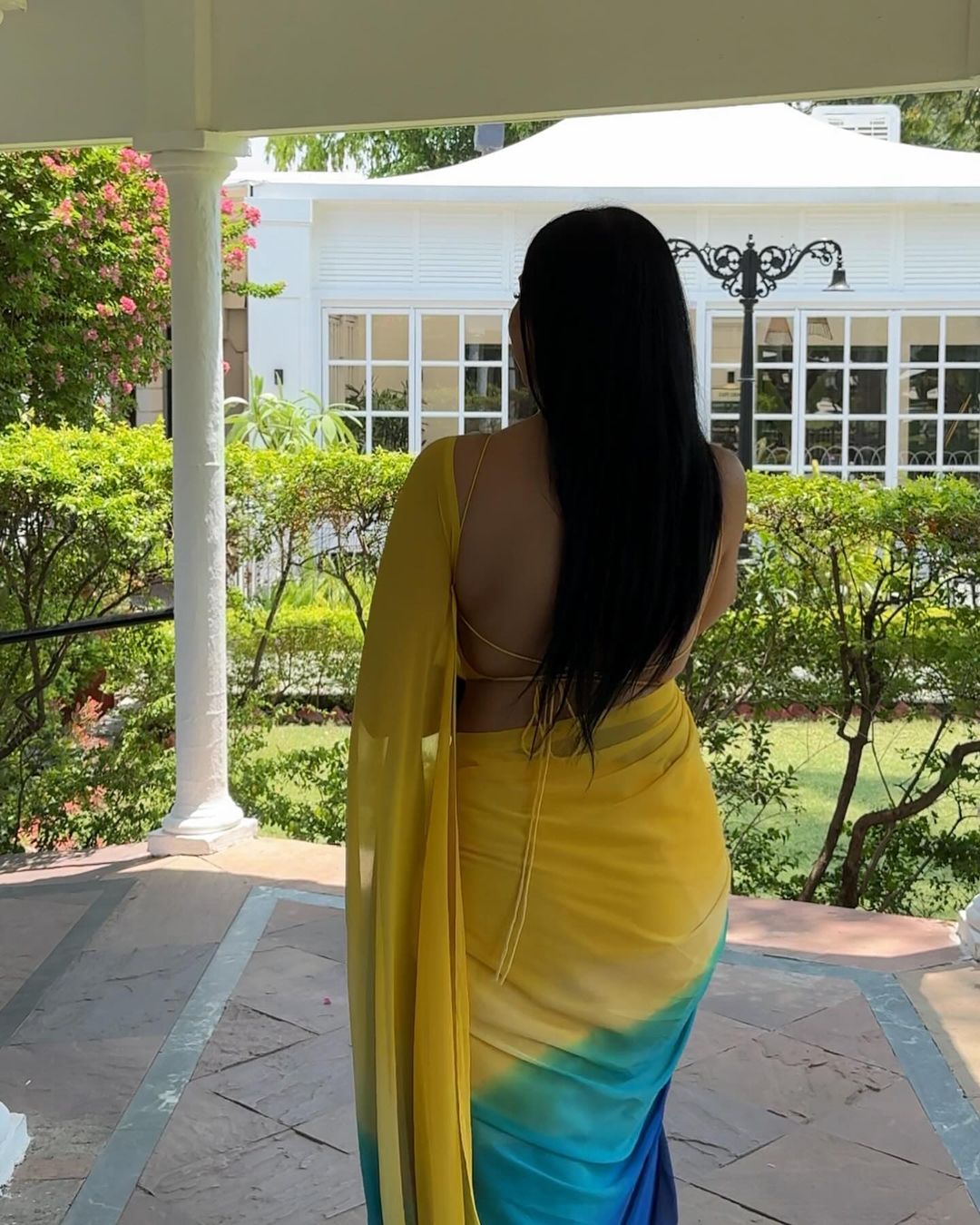 Yellow & Blue Ombre Georgette Ready to Wear Saree
