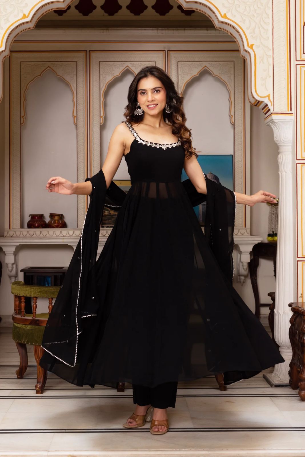 Elegant Mirror Work Faux Georgette Anarkali Palazzo Set