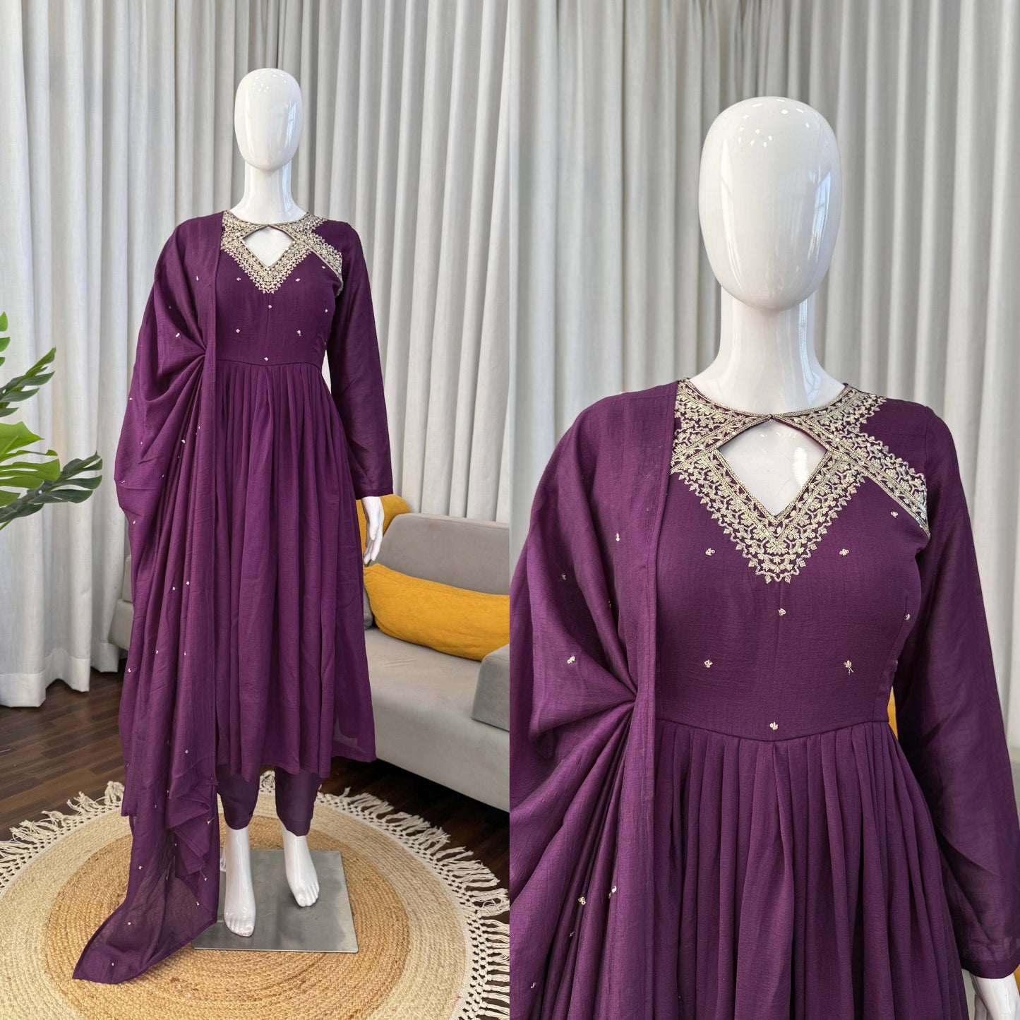 Deep Purple Vichitra Silk Anarkali Suit with Embroidered Neckline
