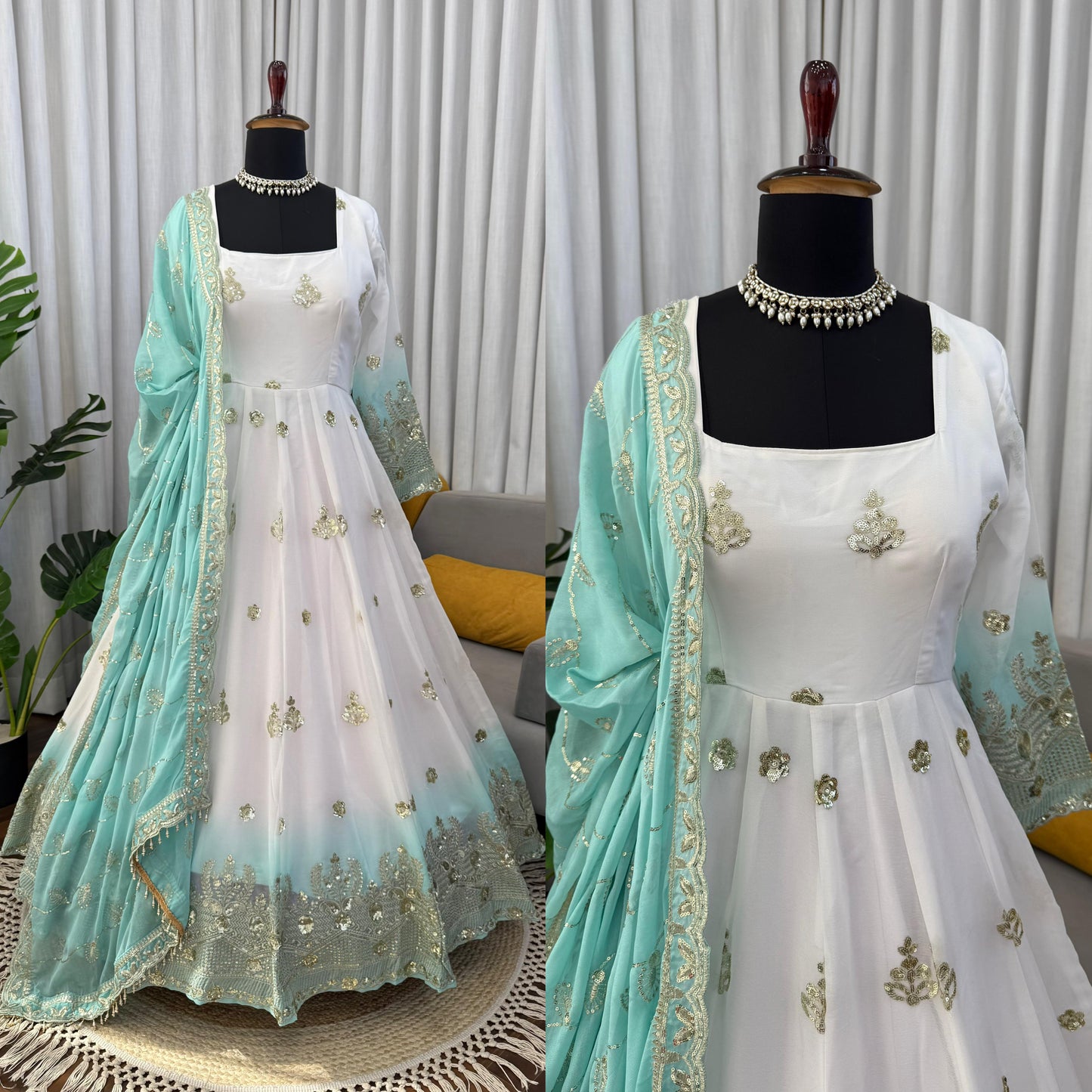 White & Seafoam Green Ombre Star Georgette Anarkali Suit Set