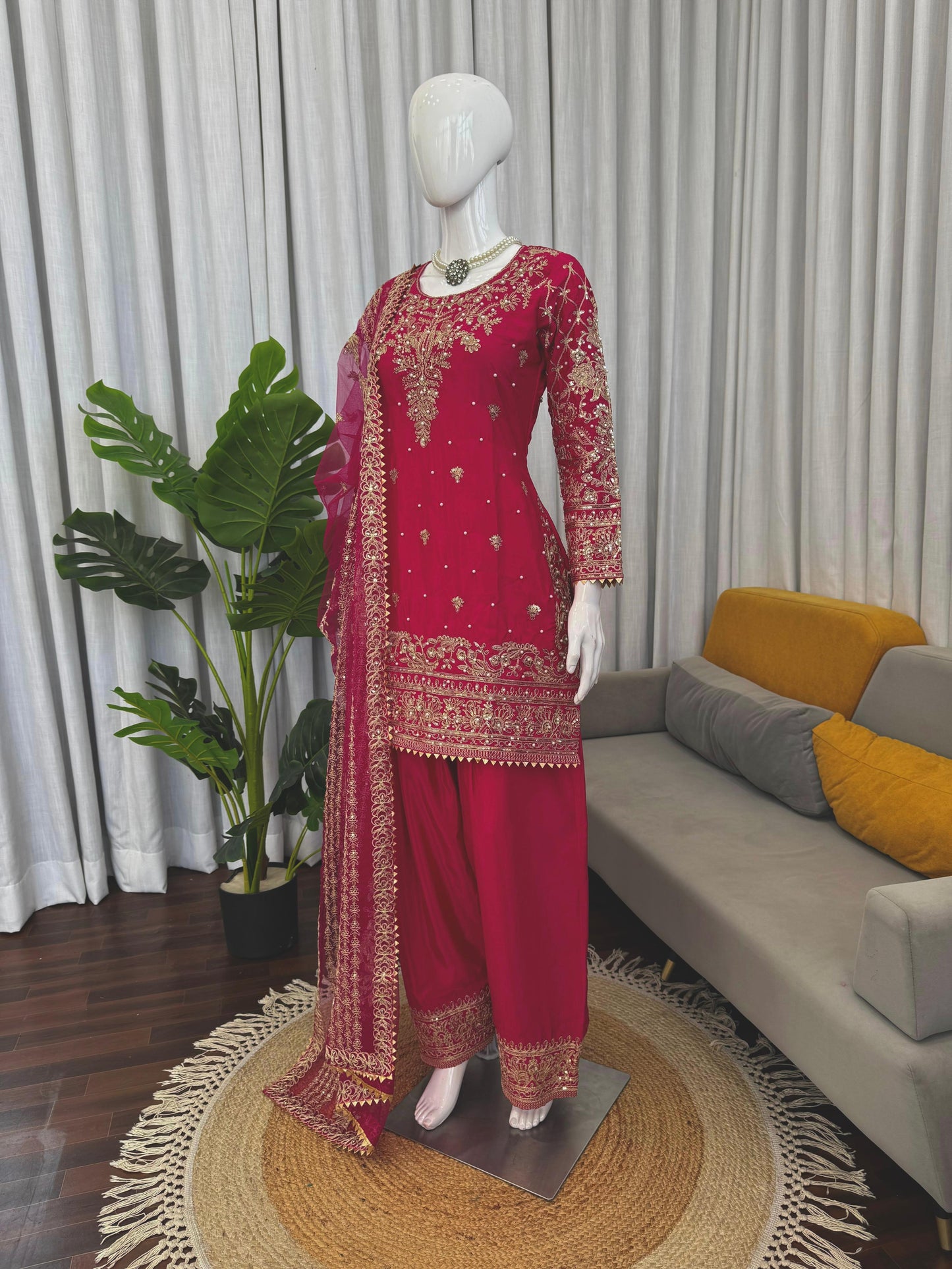 Magenta Crepe Farshi Salwar Suit with Heavy Gold Embroidery