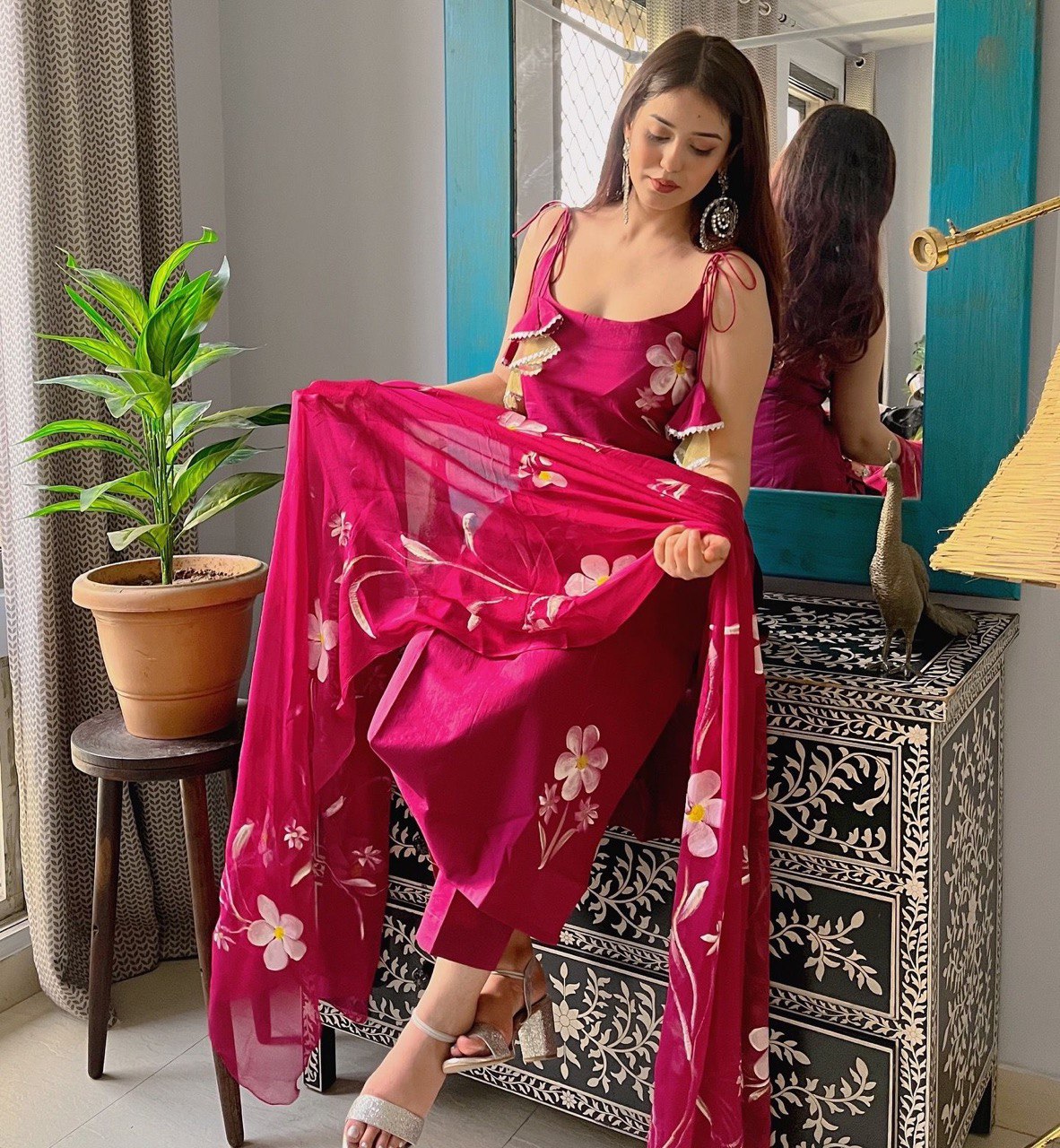 Magenta Floral Handpainted Salwar Suit for Women Party Wear