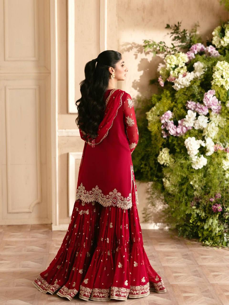 Red Faux Georgette Pakistani Suit with Sharara for Women