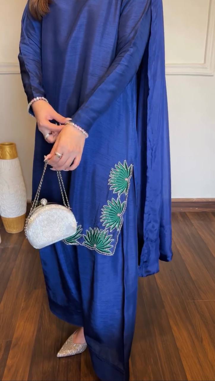 Royal Blue American Silk Kurta Palazzo Set with Dupatta
