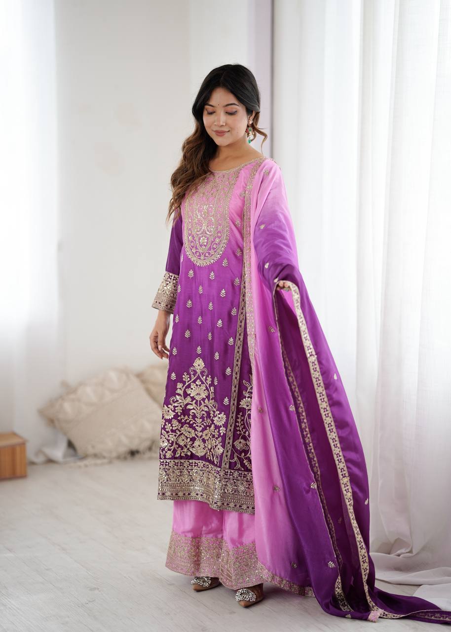 Shaded Blush Pink Kurta Palazzo Set with Dupatta