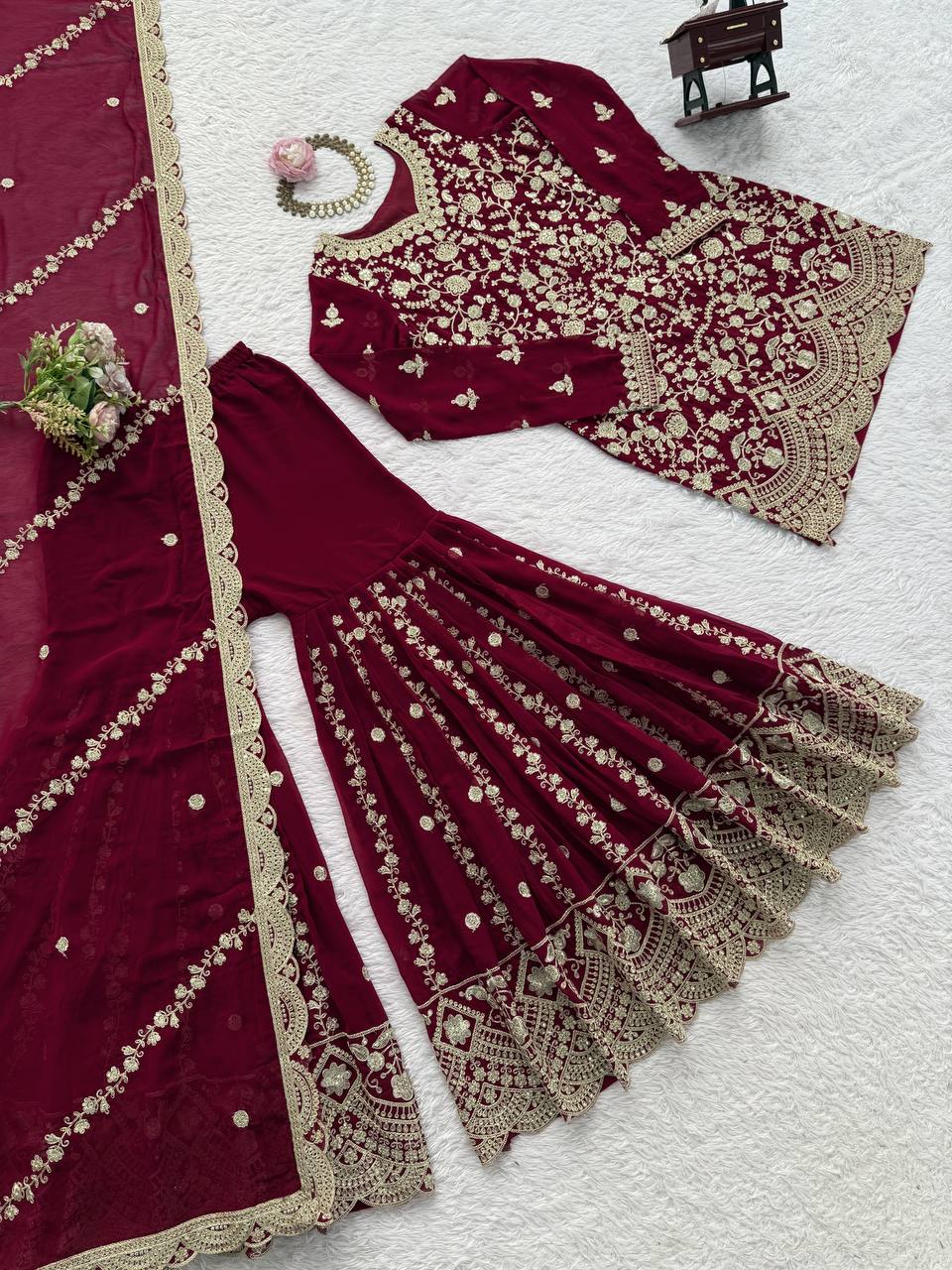 Maroon Pakistani Suit Sharara Set - Party Wear Salwar Kameez