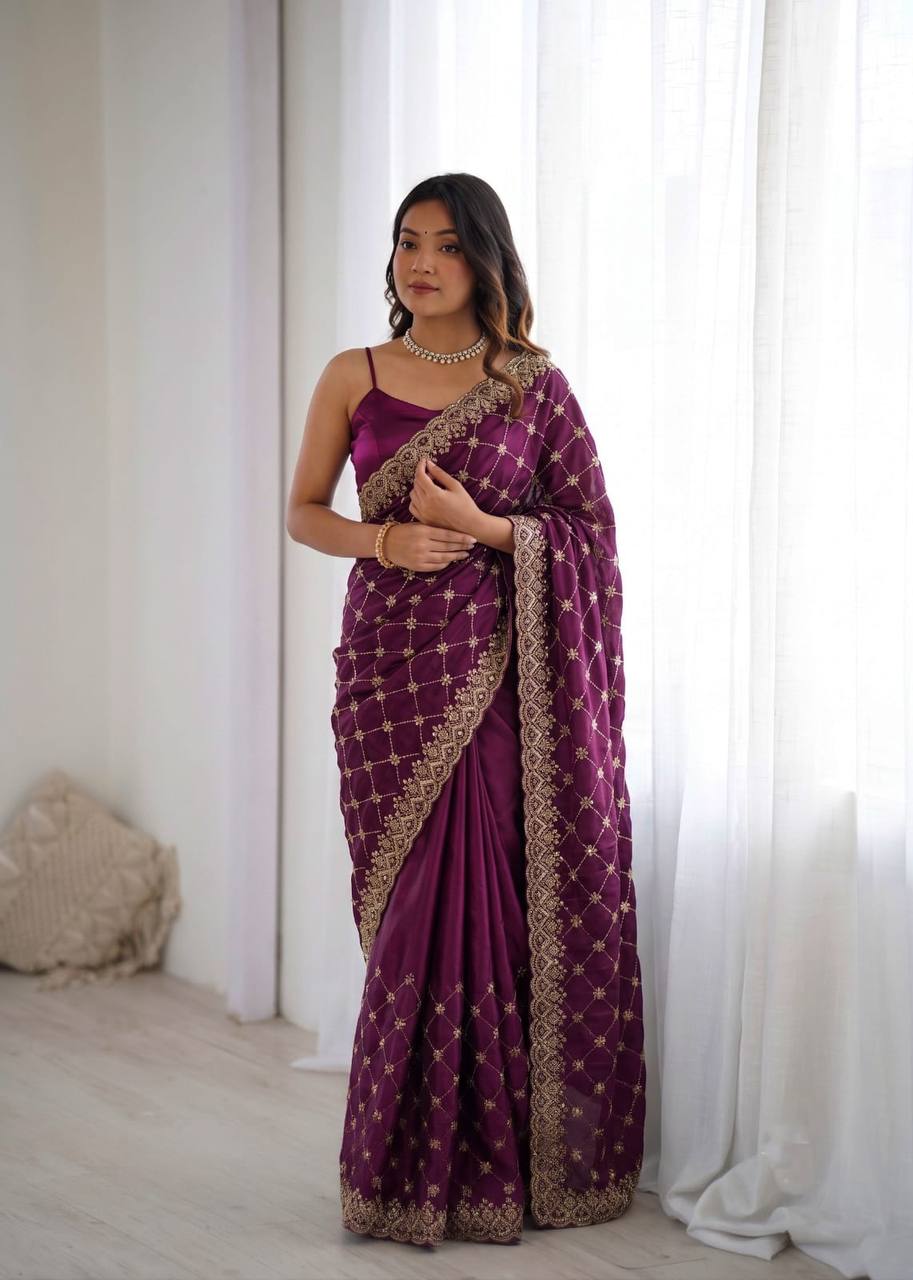 Fendy Silk Heavy Beads and Sequence Work Designer Saree