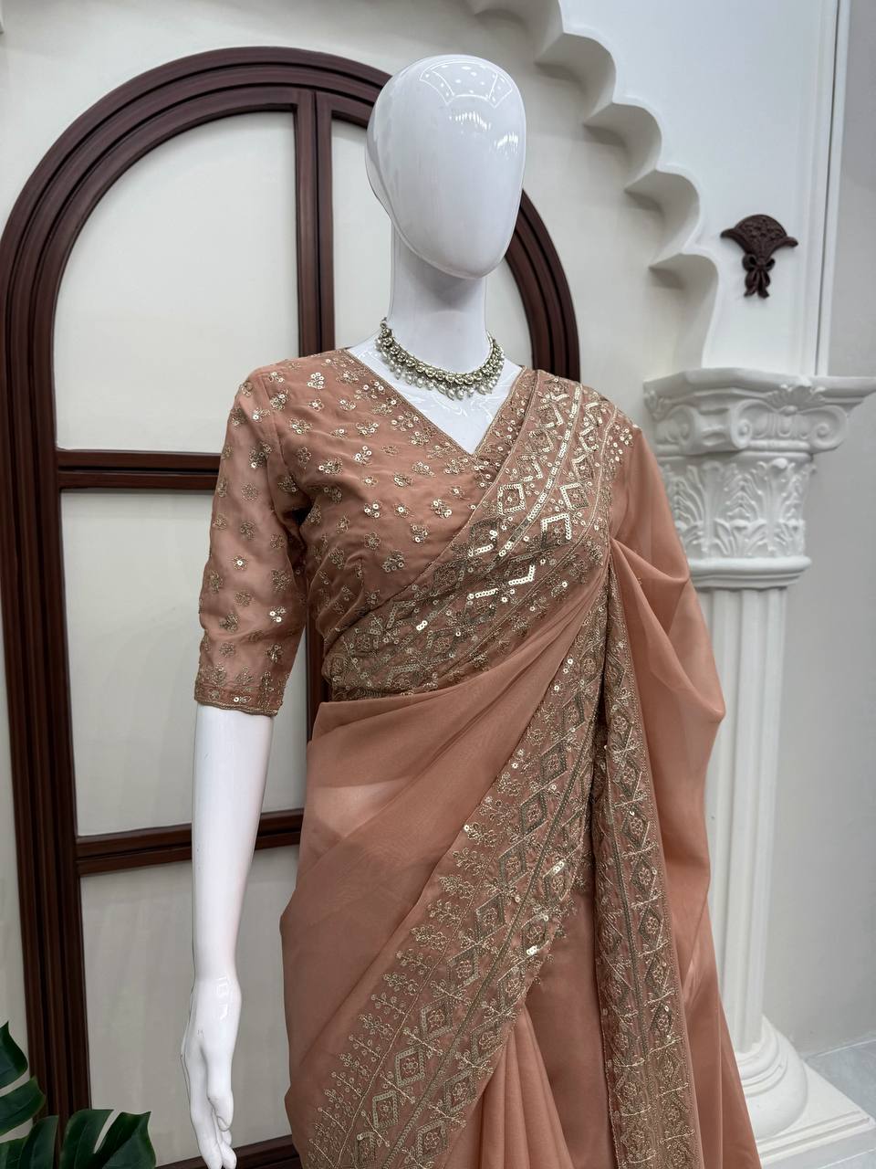 Dusty Peach Silk Party Wear Saree for Women with Sequence Work