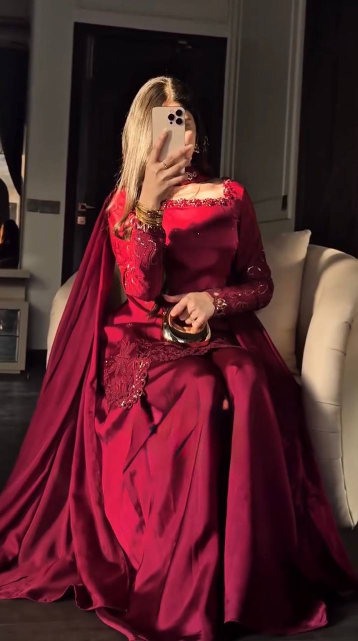 Red Fendy Silk Embroidered Kurta Palazzo Set with Dupatta