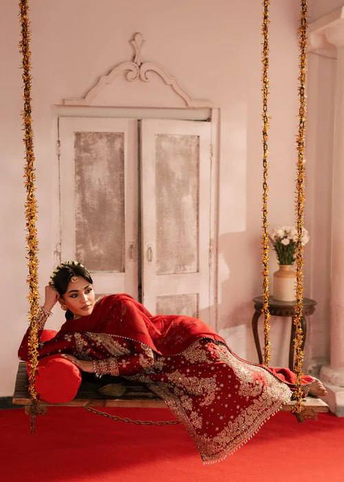 Red Roman Silk Pakistani Suit Dress - Party Wear Salwar Kameez