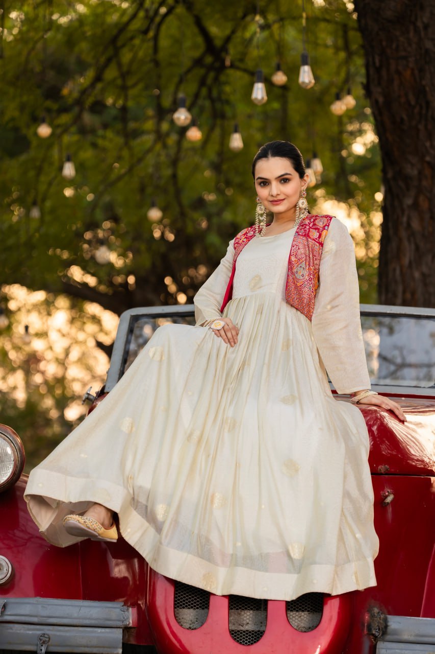 Ivory Jacquard Salwar Kameez Suit with Pink Embroidered Jacket