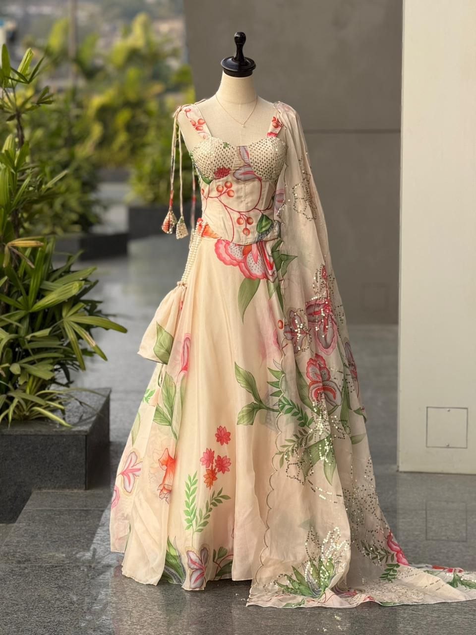 Peach Floral Jimmy Organza Lehenga Choli - Party Wear Suit