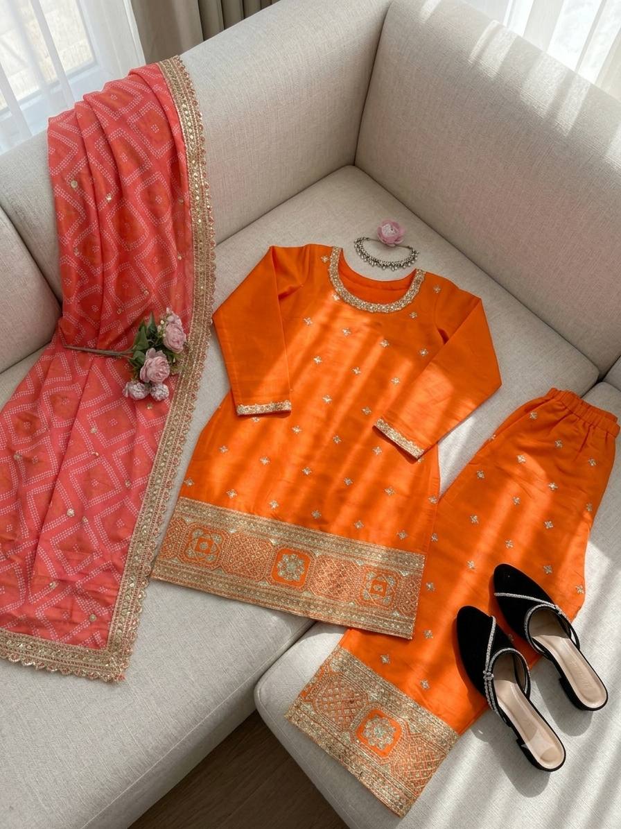 Orange Chinon Salwar Suit - Elegant Party Wear Palazzo Suit