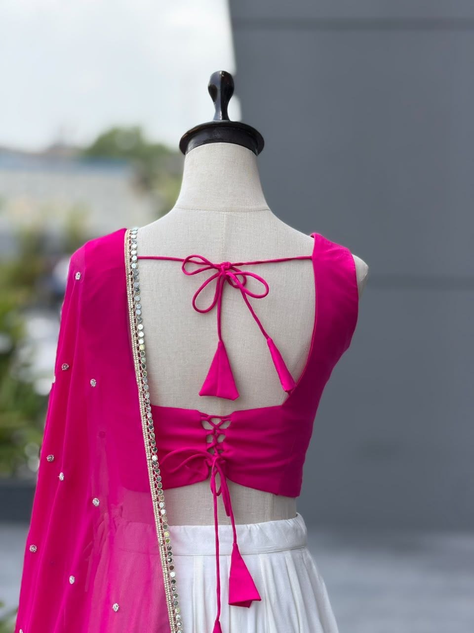 White & Pink Cotton Salwar Kameez - Navratri Lehenga Choli Suit