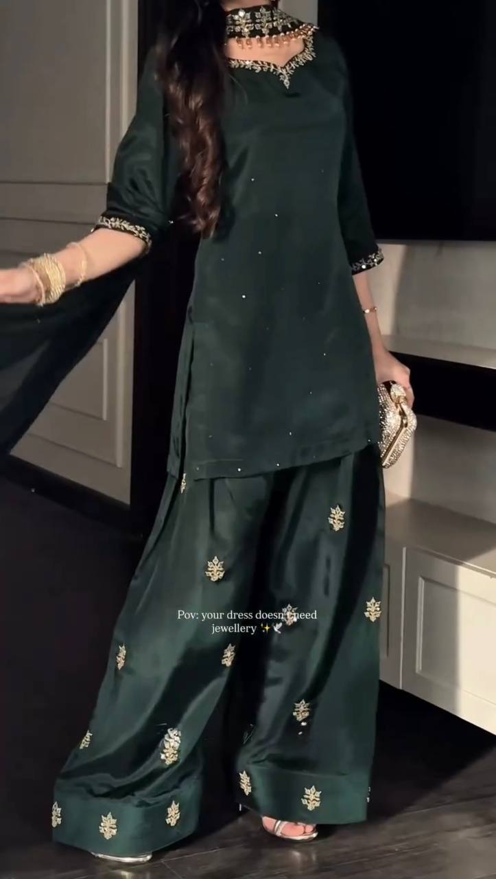 Dark Forest Green Natural Crepe Farshi Palazzo Set with Pearl Work