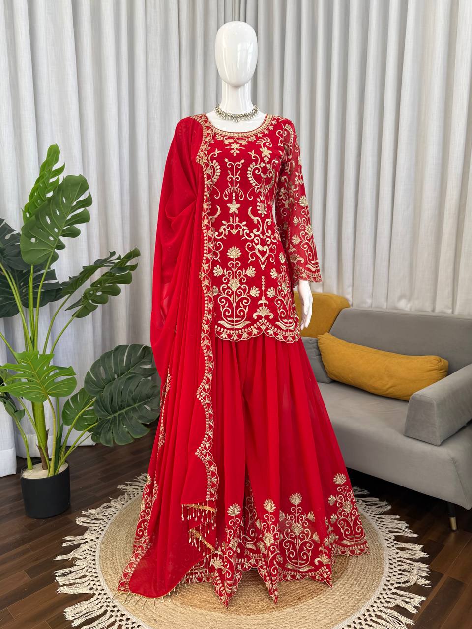 Red Faux Georgette Pakistani Suit Dress with Thread Work Sharara