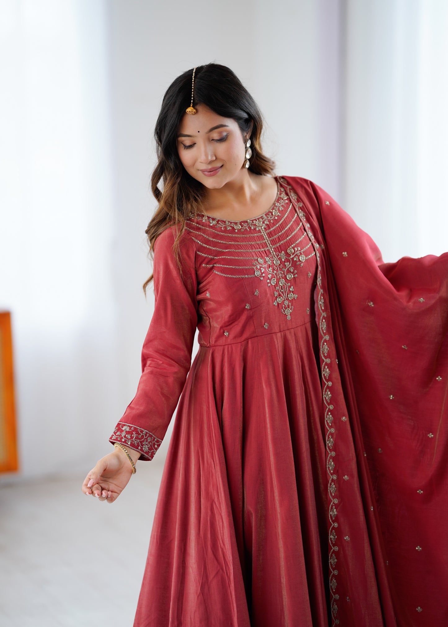 Maroon Roman Shimmer Chanderi Silk Salwar Suit Party Wear for Women