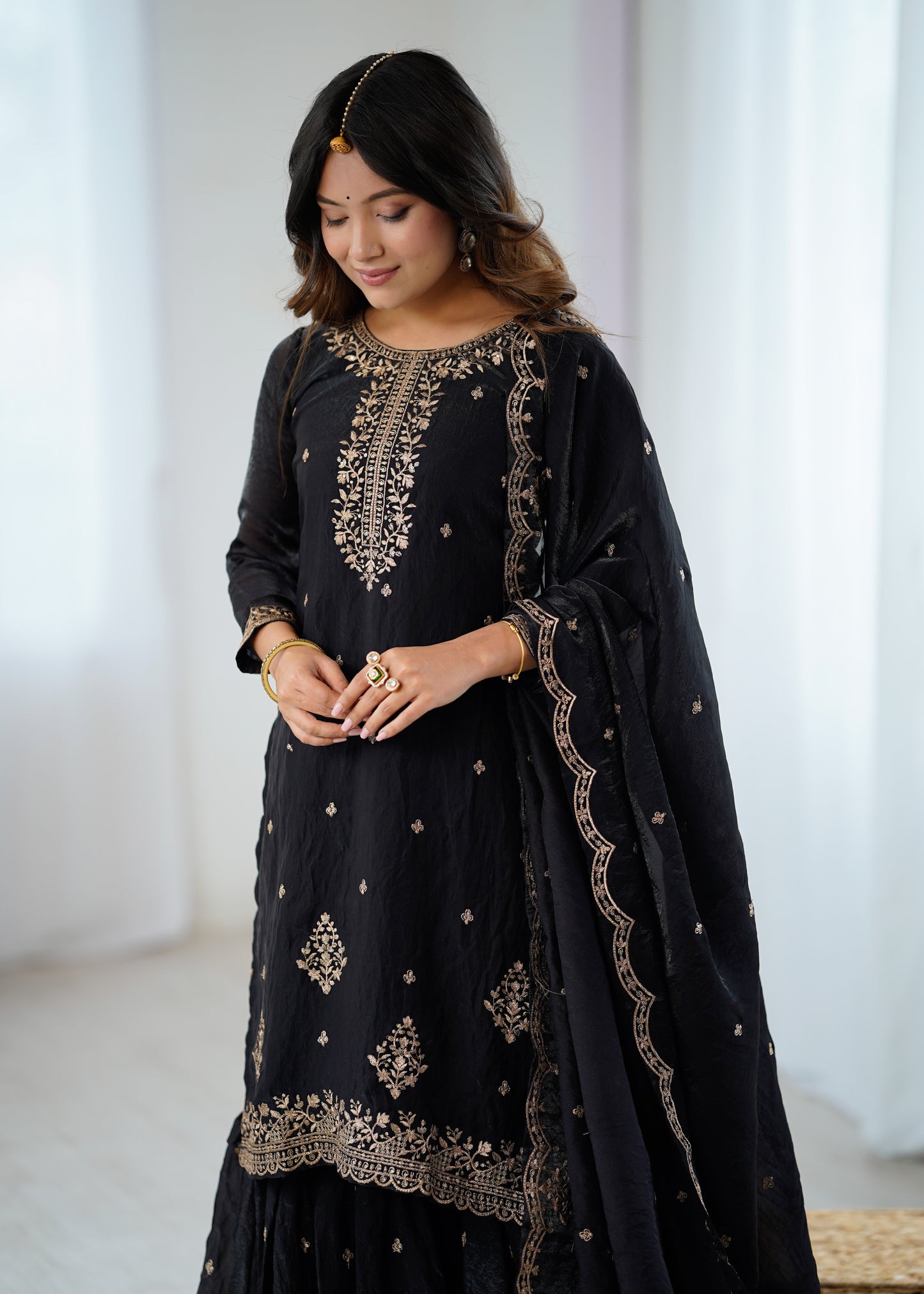Black Crunchy Silk Pakistani Suit - Party Wear Sharara Suit