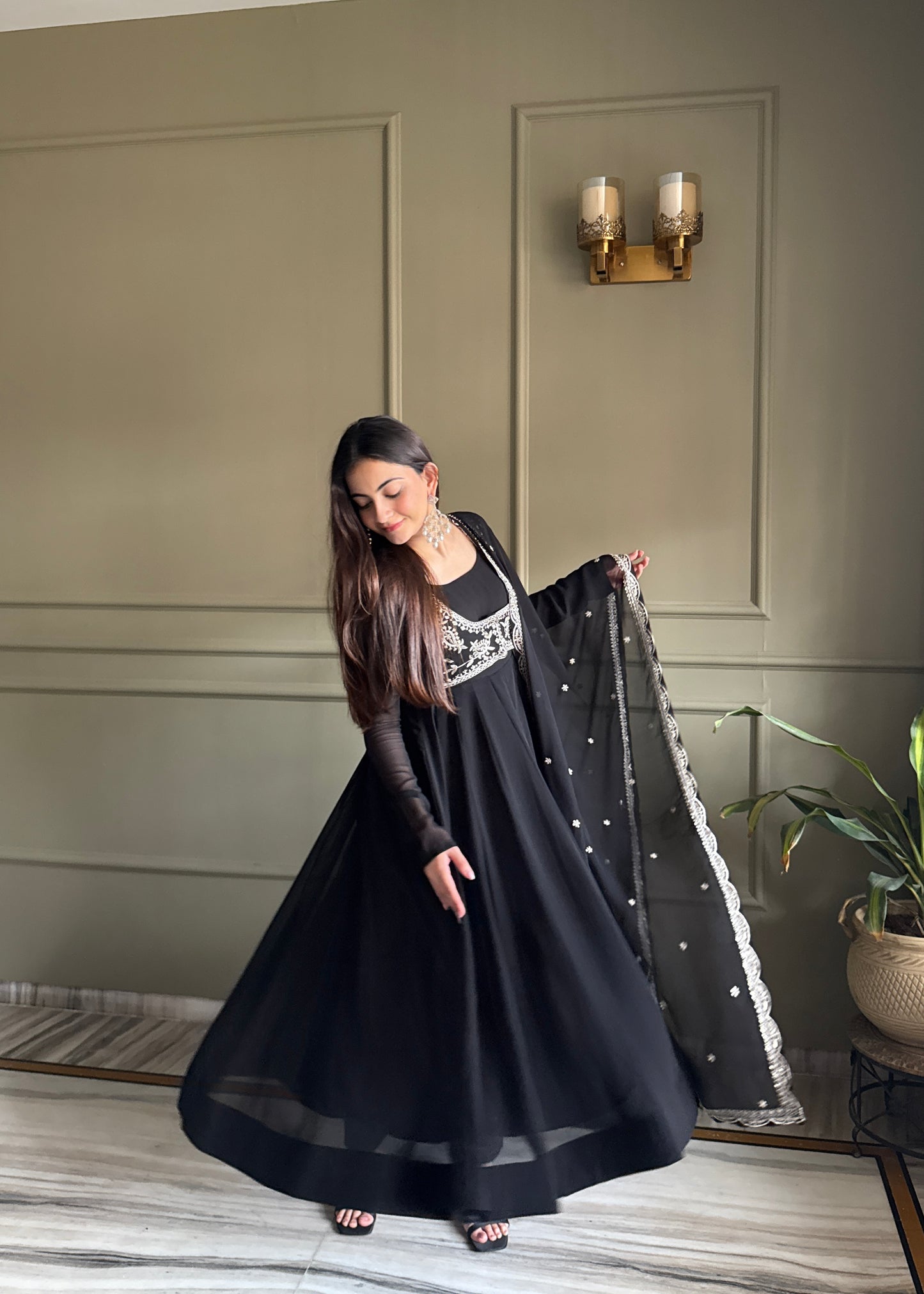 Black Georgette Anarkali Suit with Embroidered Koti