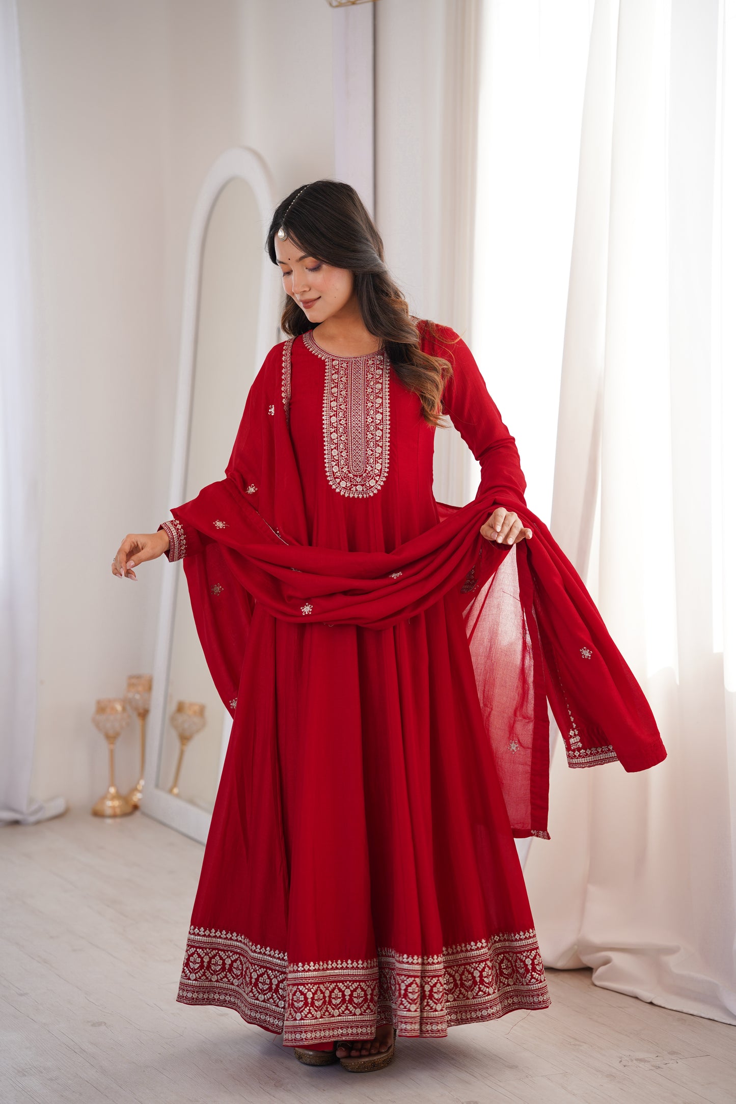 Dark Red Pure Vichitra Silk Anarkali Suit for Wedding and Party Wear