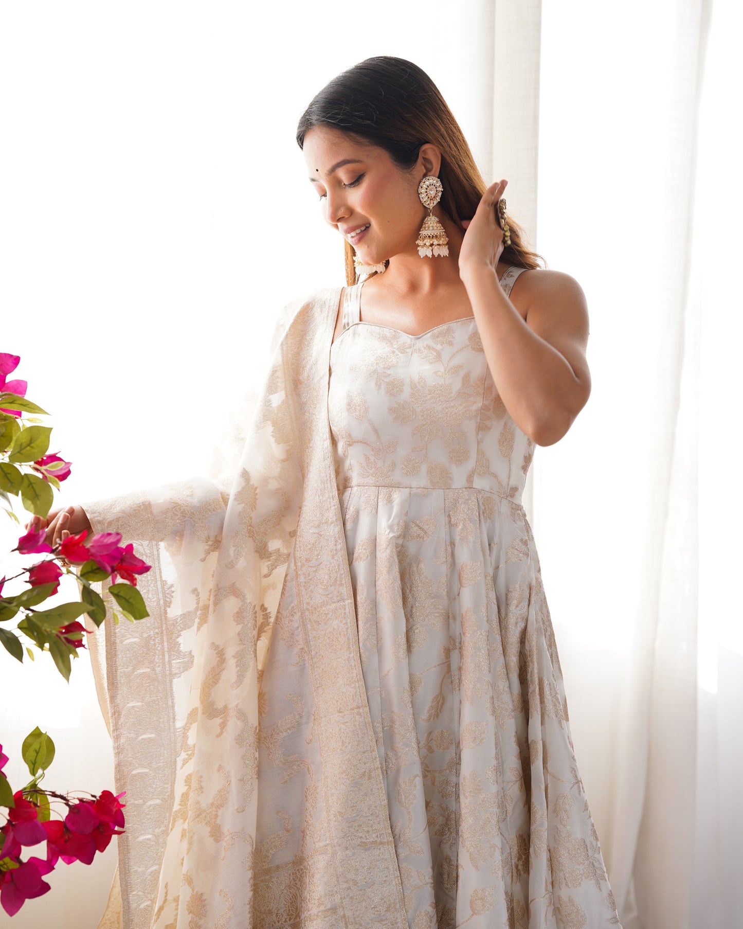Ivory Banarasi Silk Anarkali Salwar Suit Party Wear for Women