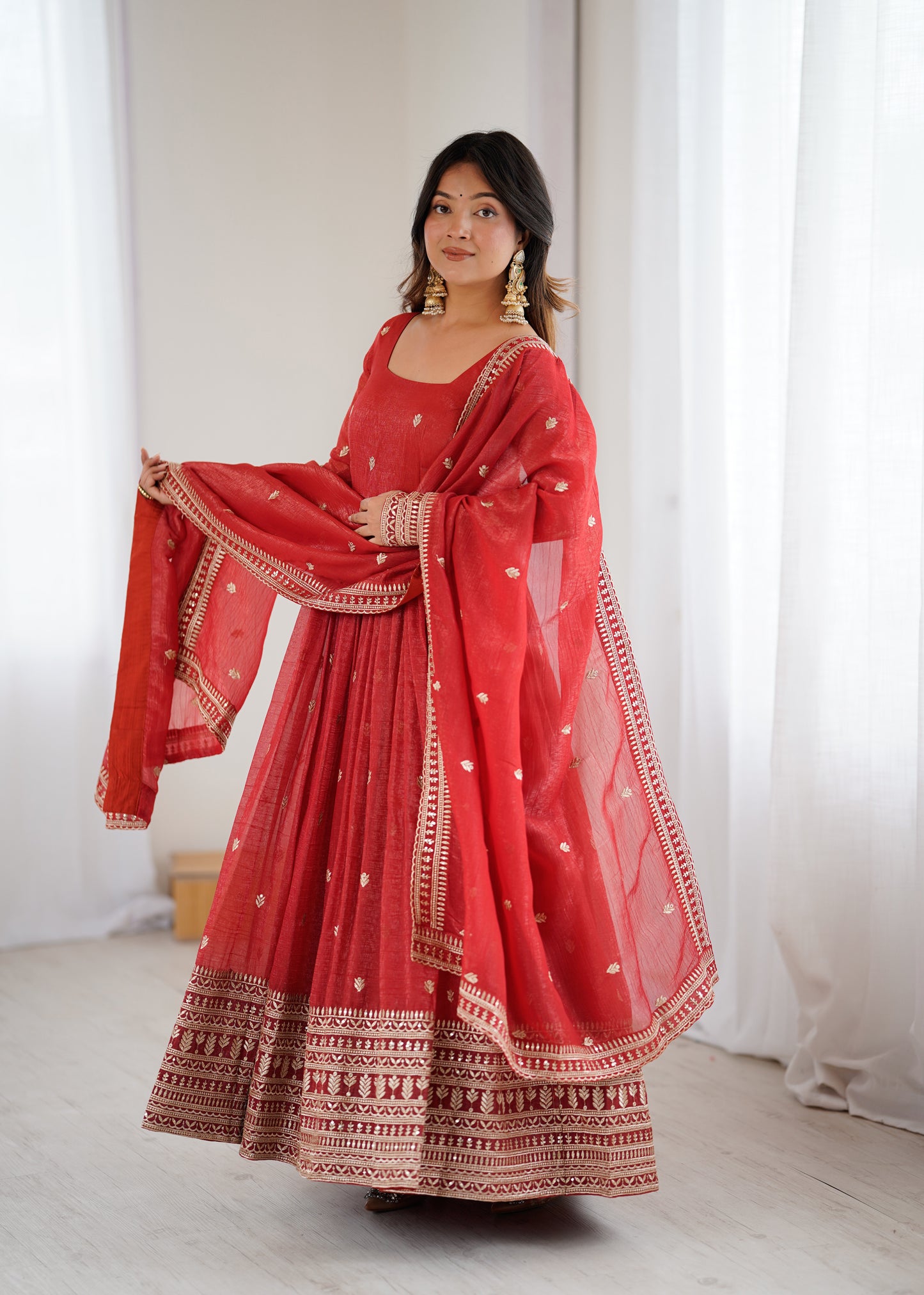 Rust Pure Crunchy Silk Anarkali Dress for Women with Dupatta