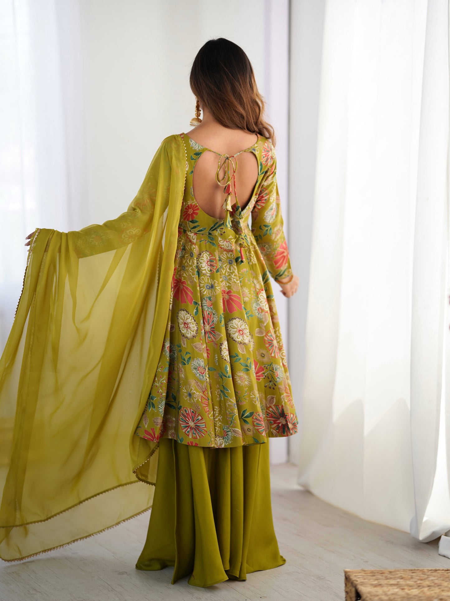 Floral Romansilk Chanderi Kediya Kurta Palazzo Set with Dupatta