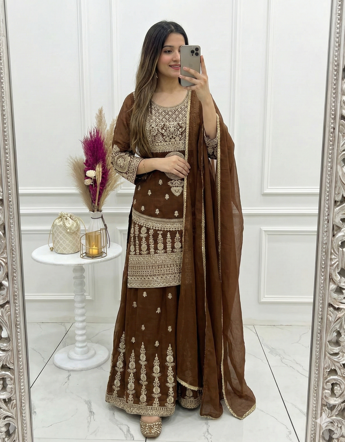 Coffee Brown Crunchy Silk Sharara Suit for Women Party Wear