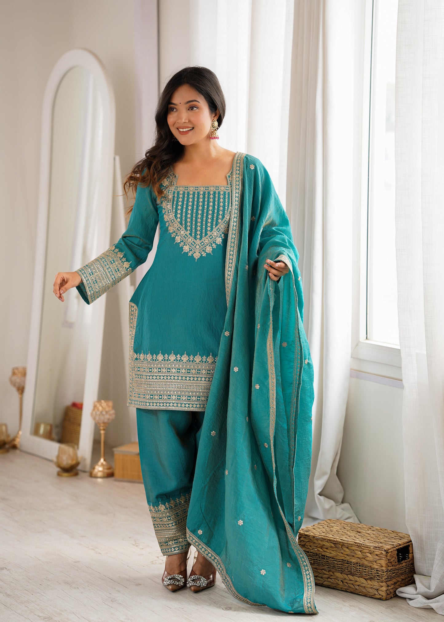 Vichitra Silk Salwar Kameez Suit with Farshi Shalwar