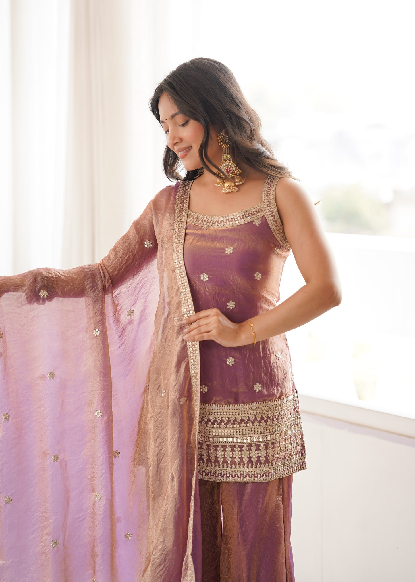Frendy Silk Salwar Suit with Bell Bottom Pent & Embroidery