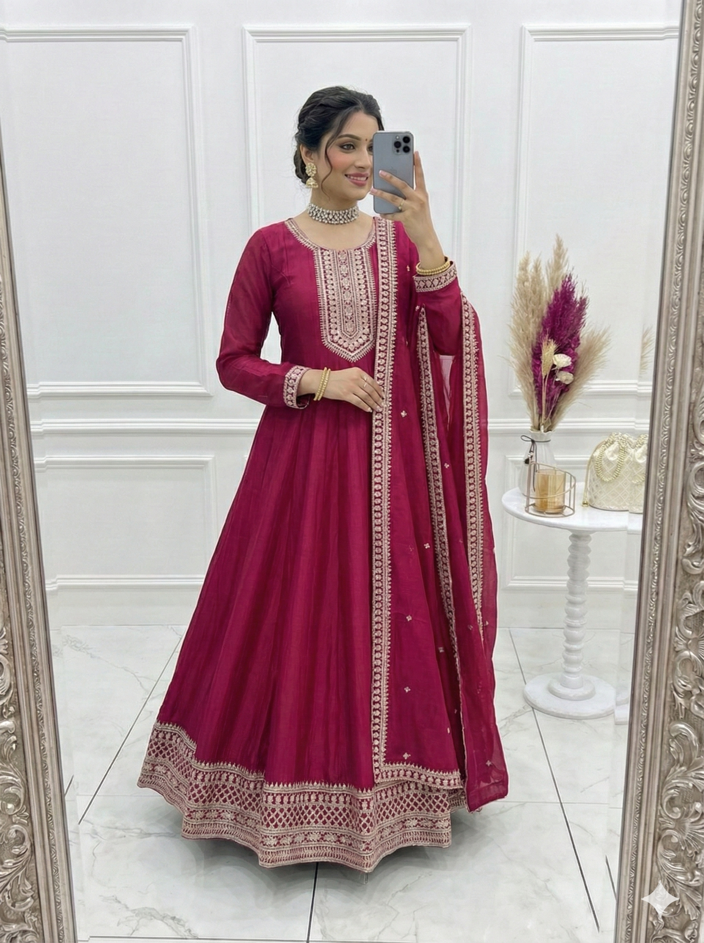 Dark Pink Anarkali Suit for Women - Pure Vichitra Silk
