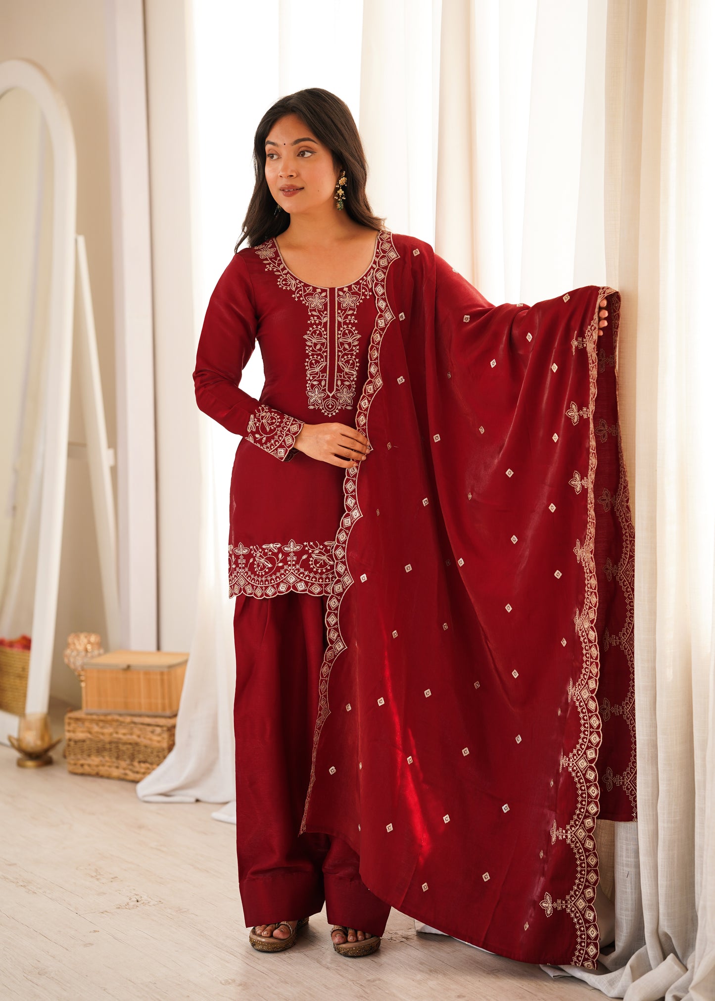 Maroon Roman Silk Salwar Suit Party Wear for Women