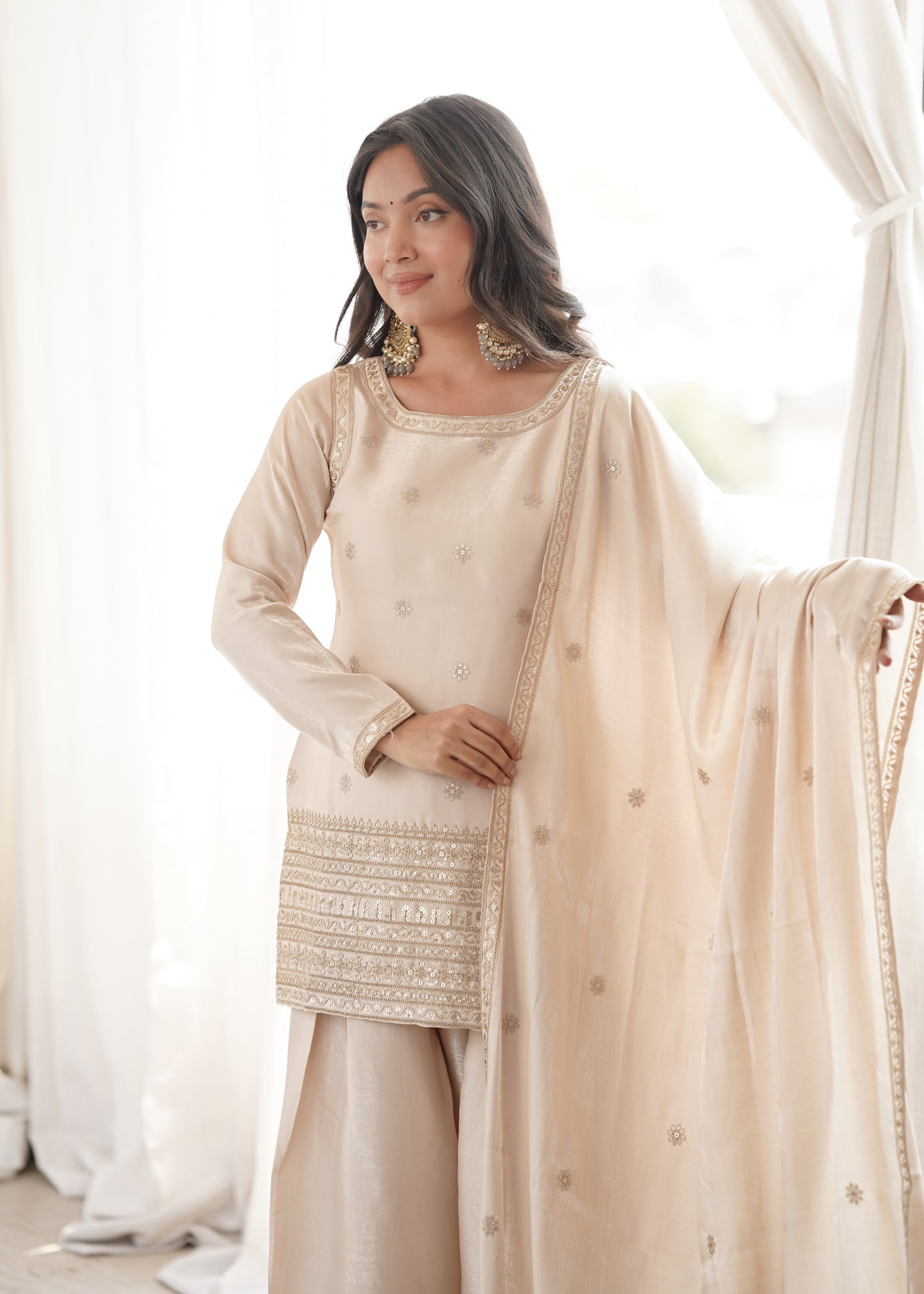 Cream Glass Roman Silk Embroidered Kurta Farshi Shalwar Set