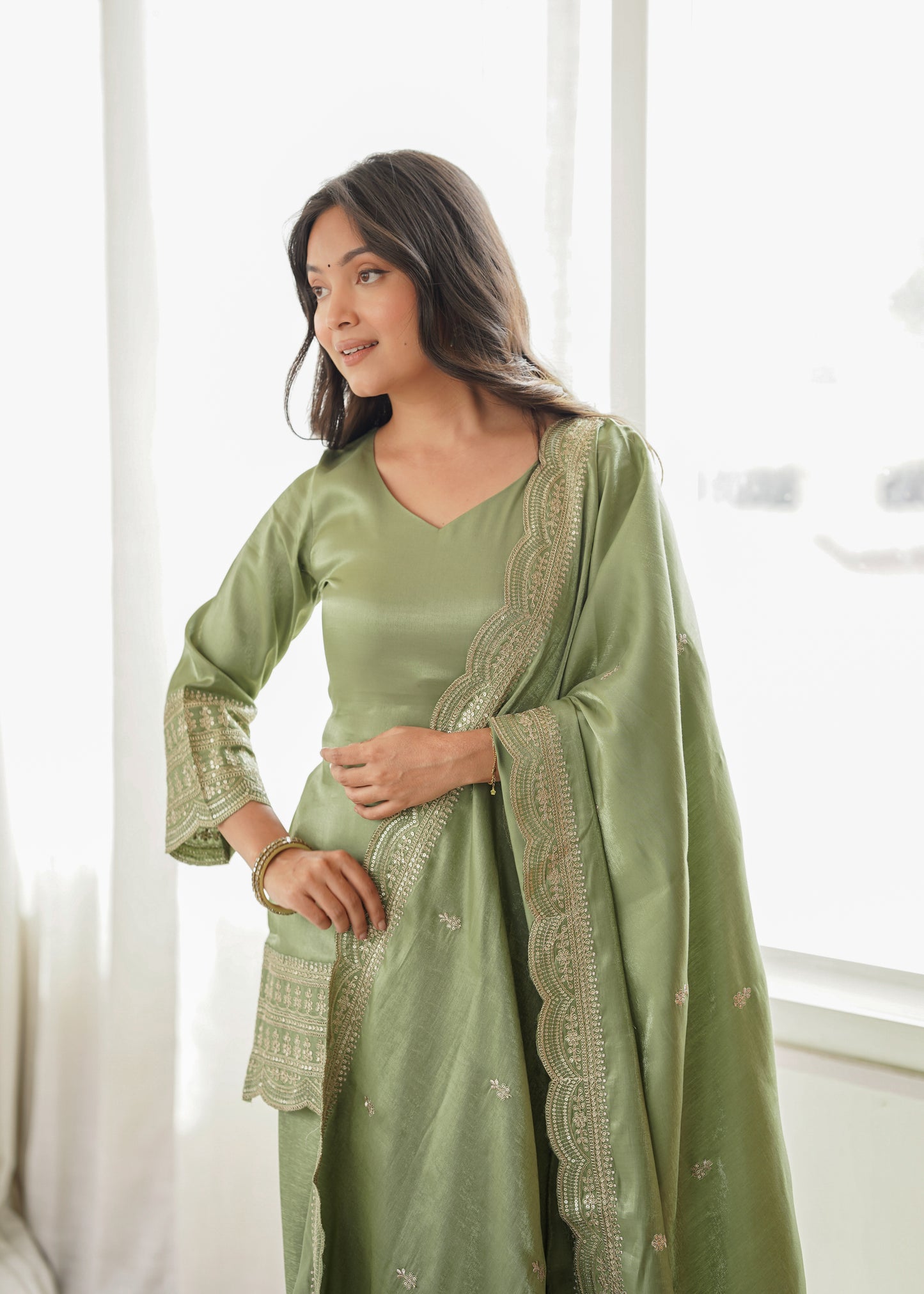 Pista Green Glass Roman Silk Pakistani Suit for Women