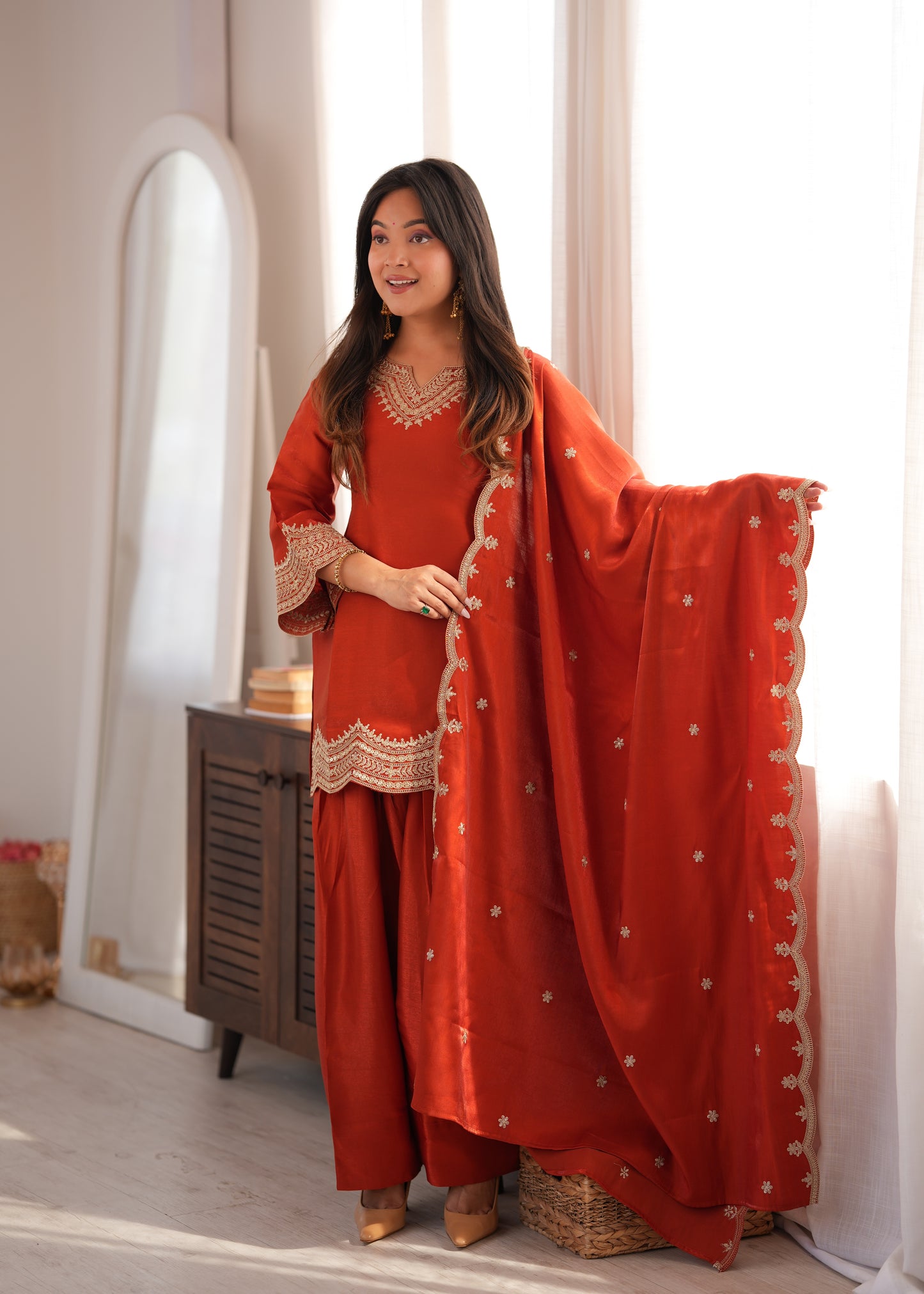 Rust Silk Party Wear Salwar Kameez Suit with Farshi Shalwar