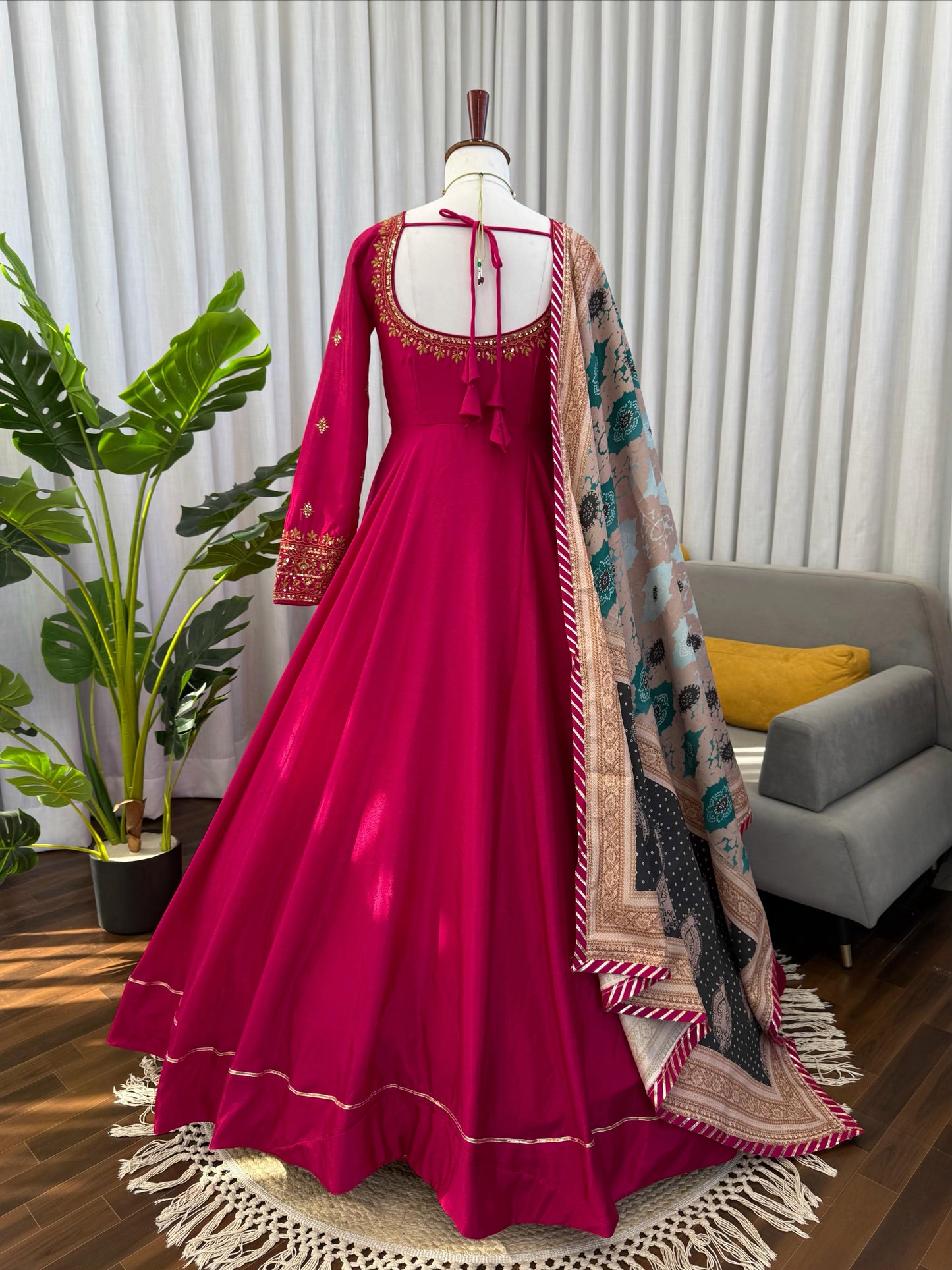 Magenta Chinon Silk Designer Gown Set with Digital Print Dupatta