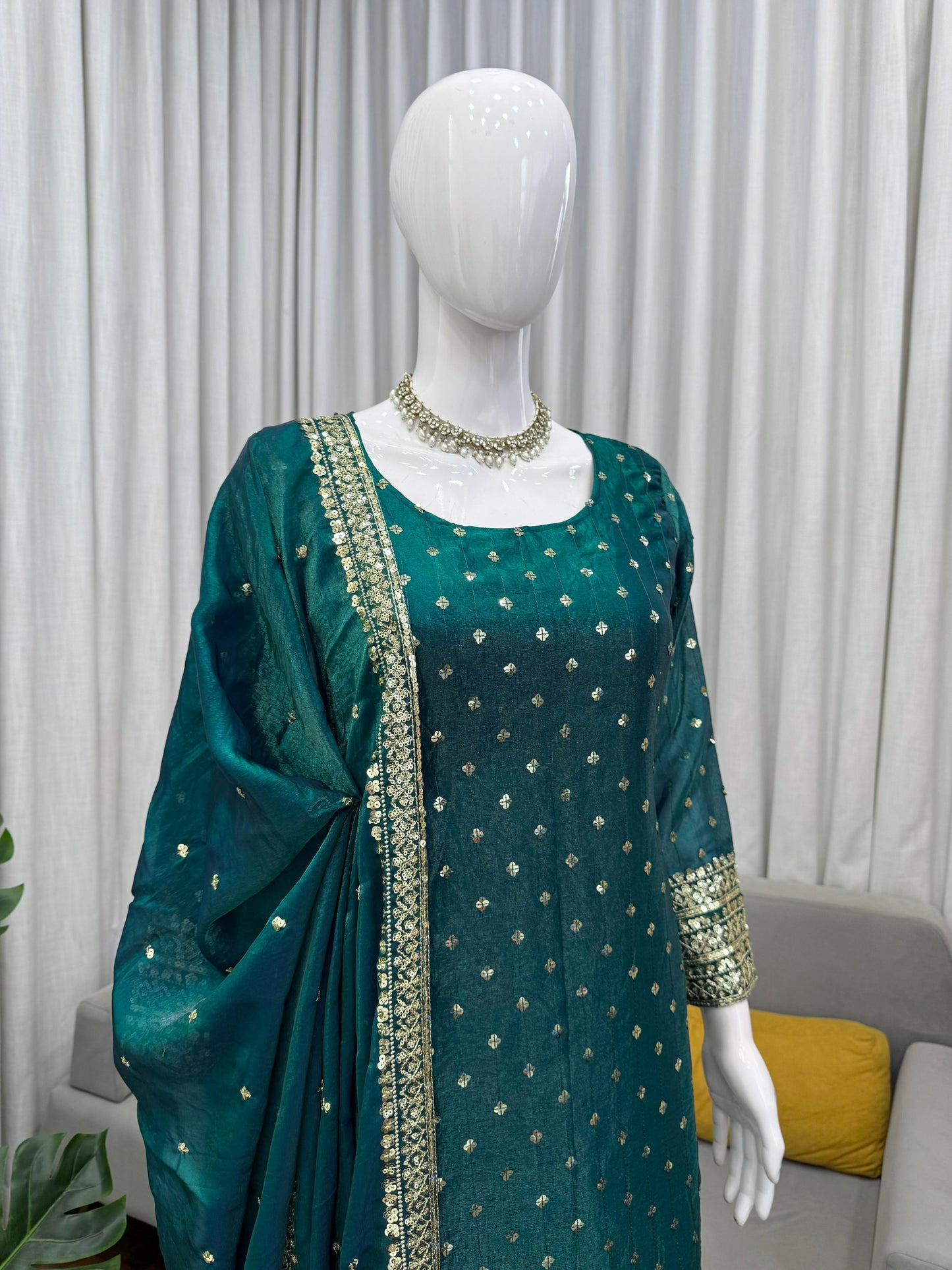 Emerald Green Fendy Silk Sequin Salwar Kameez - Festive Set