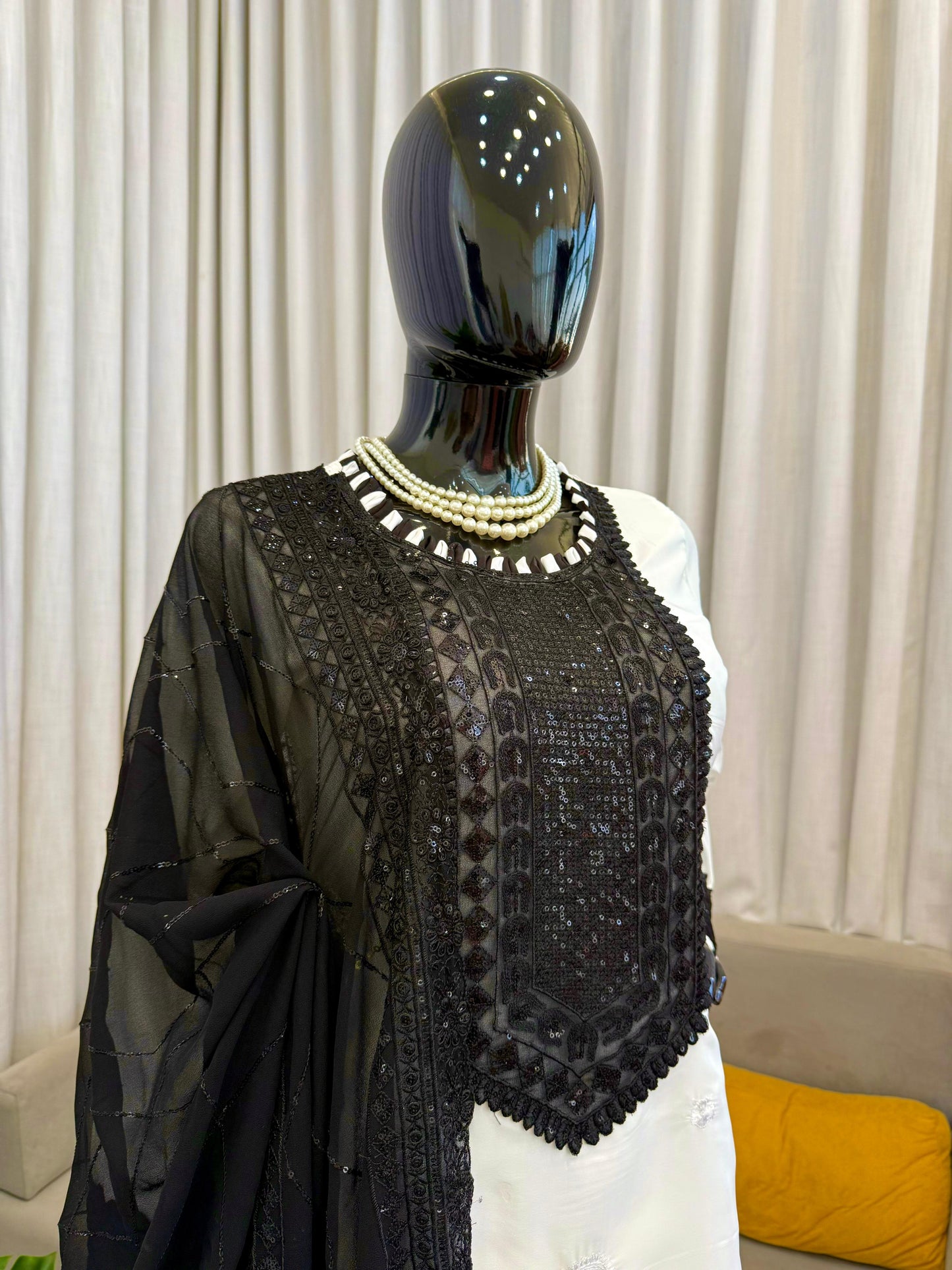 Black & White Designer Pakistani Kurta Pant Set with Sequin Work