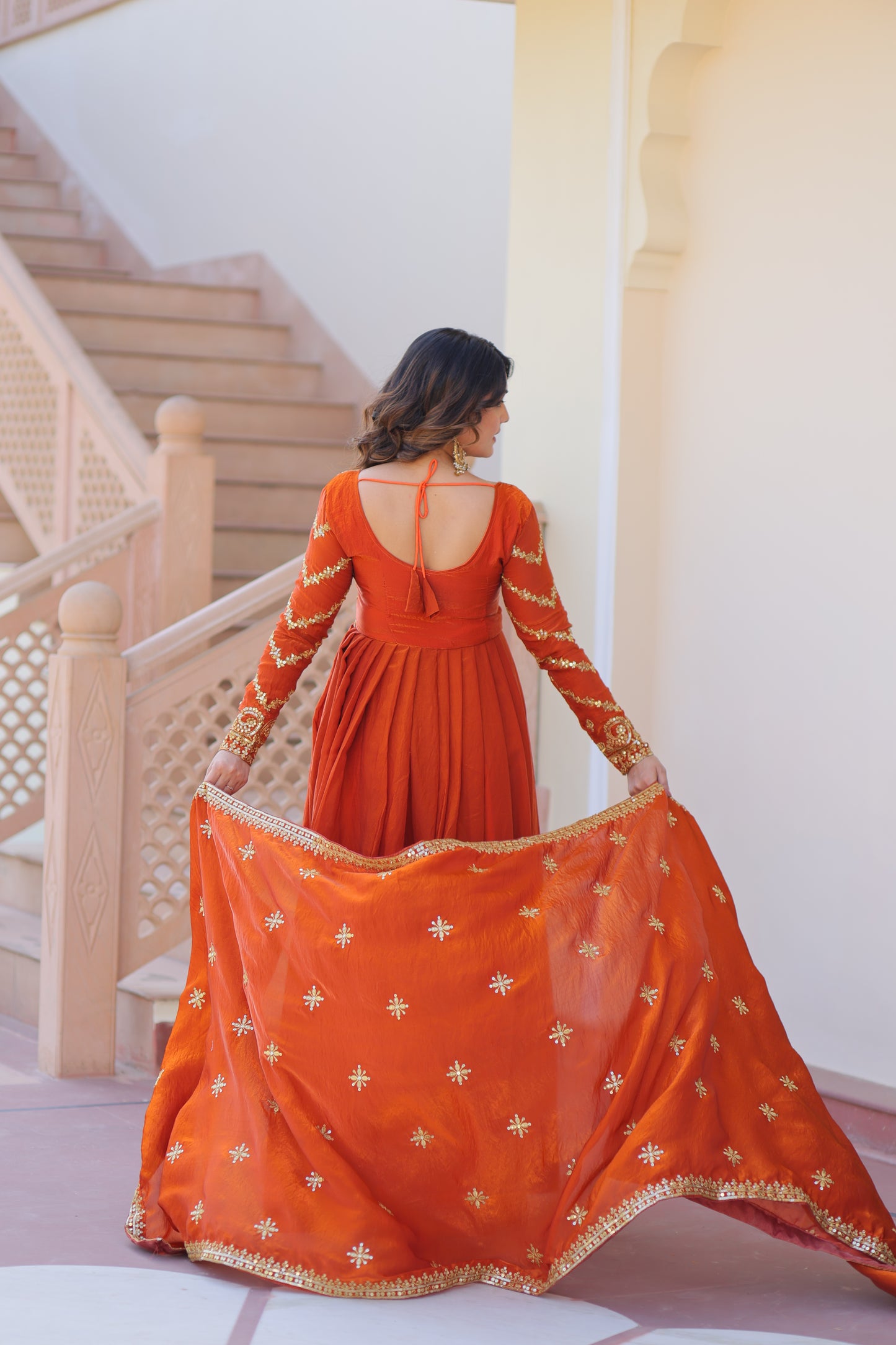 Fendy Fabric Embroidered Gown with Sequins Dupatta Set