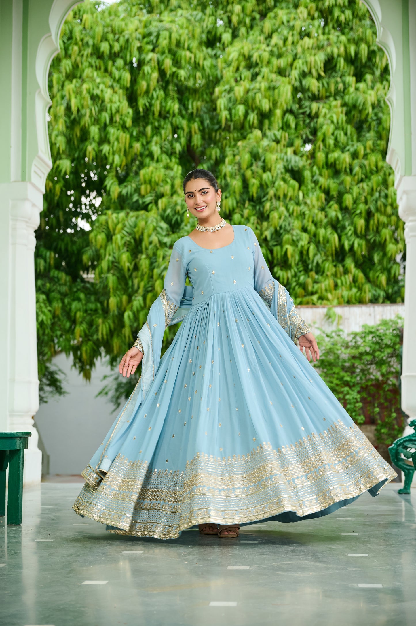 Elegant Dusty Faux Georgette Embroidered Anarkali Gown with Dupatta