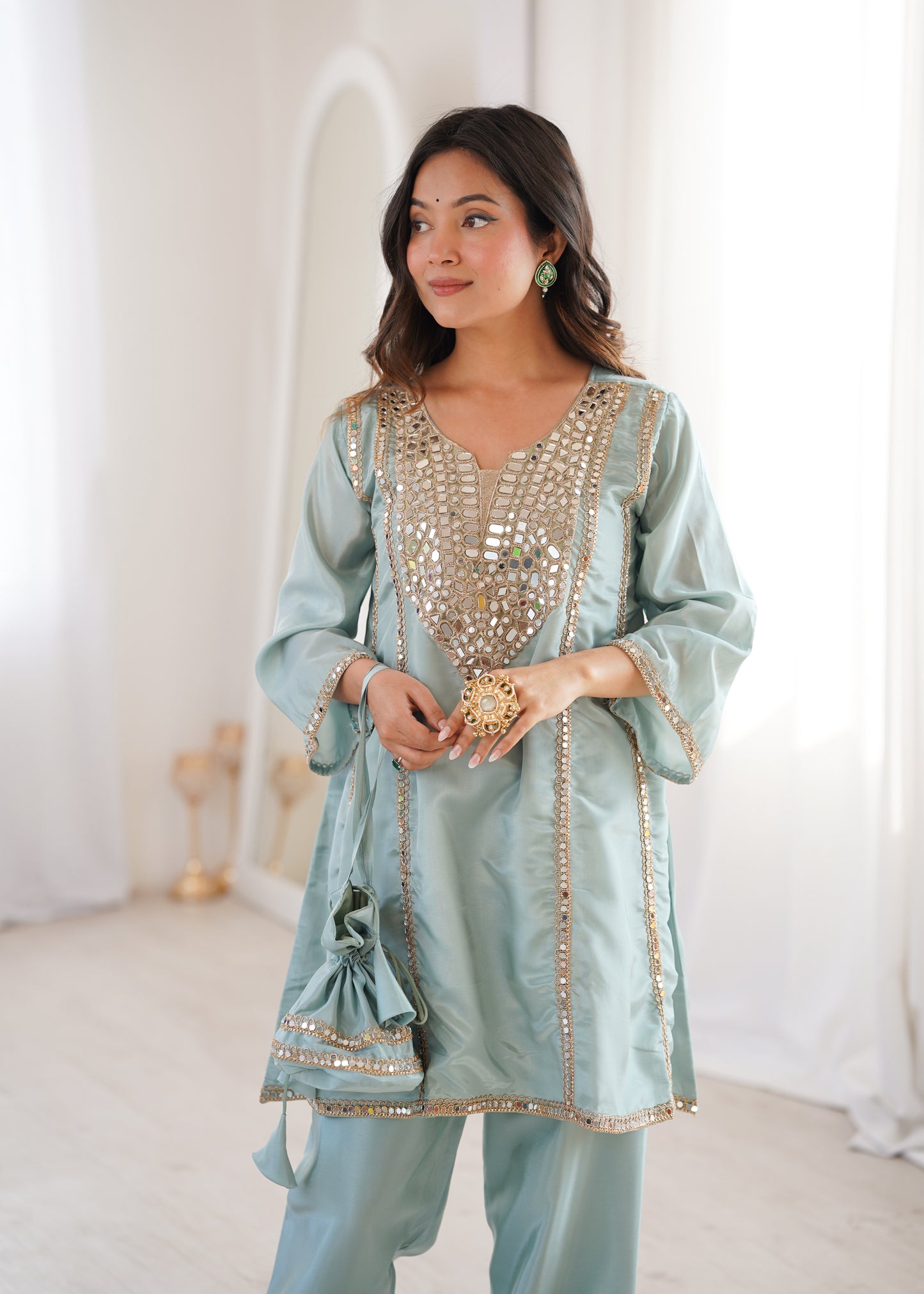 Real Mirror Work Kurti Pant Set with Batwa Bag - 2 Piece Suit