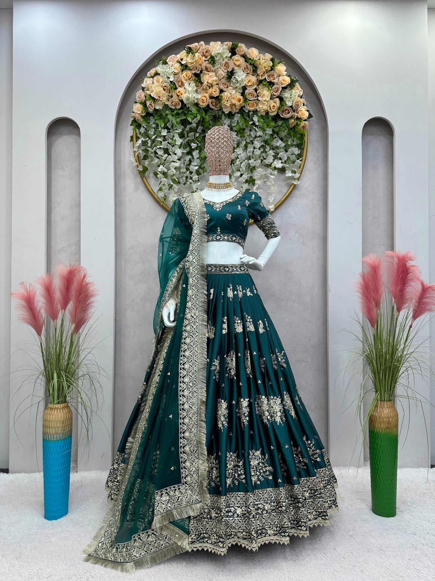 Emerald Green Embroidered Japan Satin Wedding Lehenga Choli