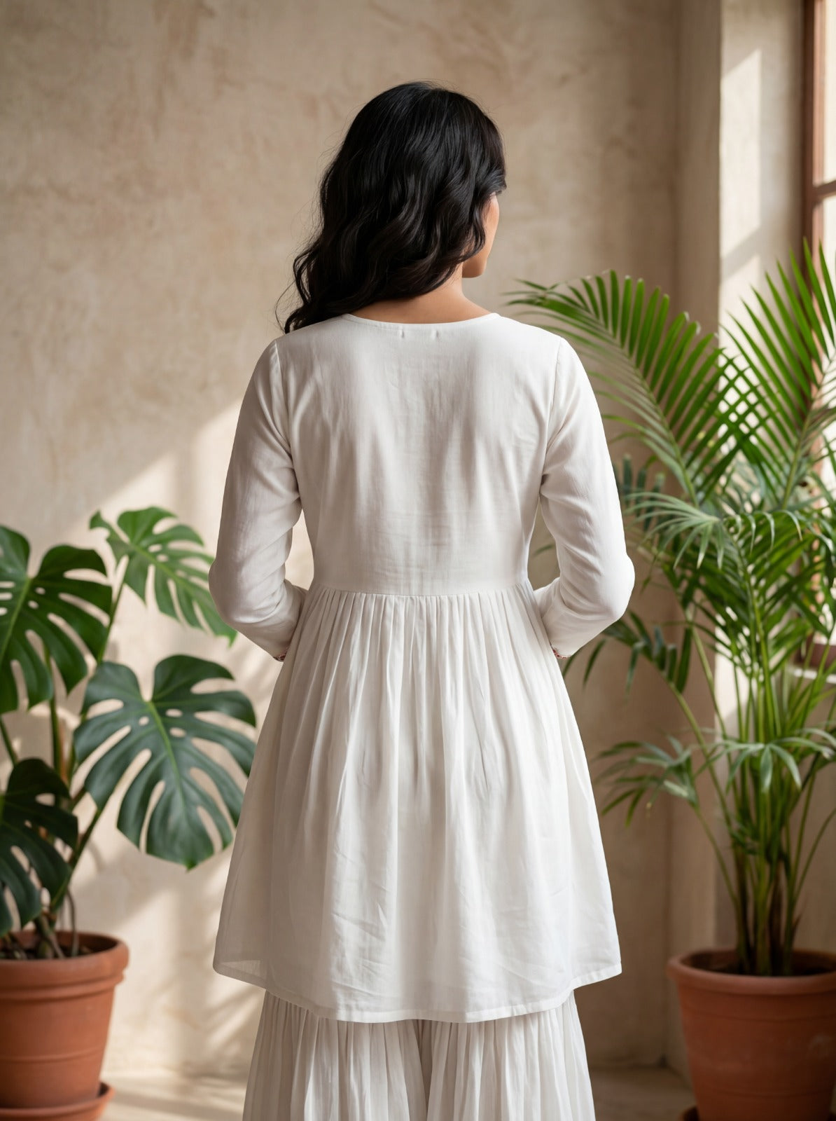 White Embroidered Kurta Palazzo Set with Sharara Pants