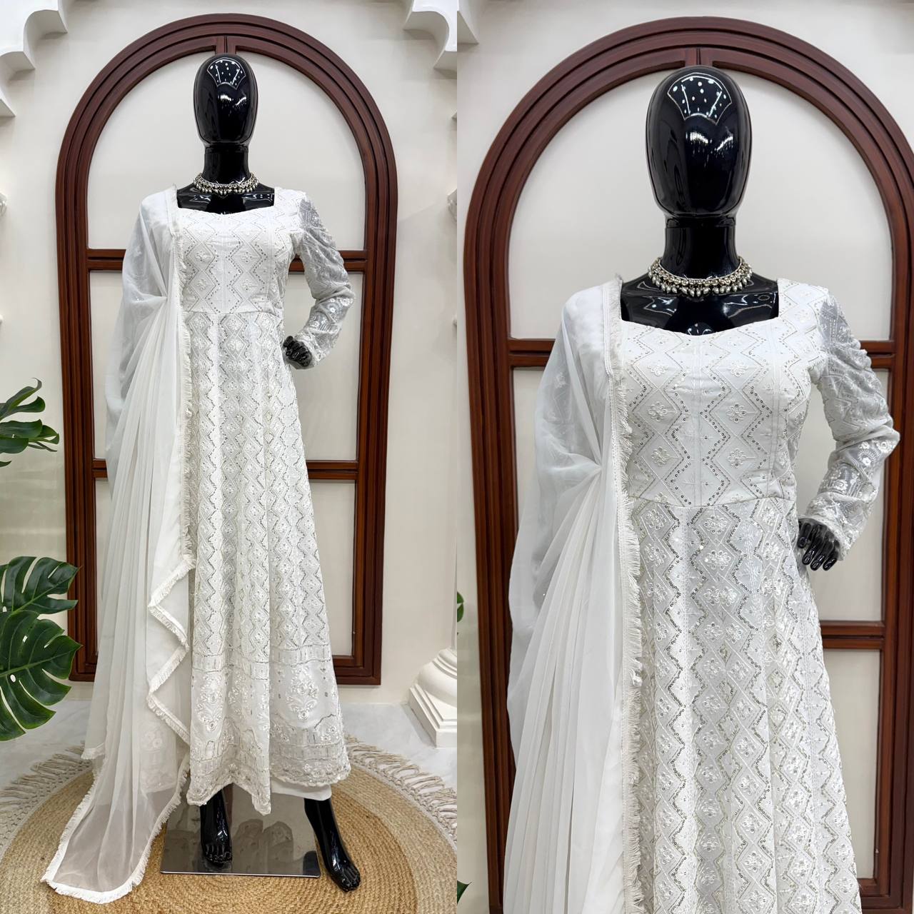 White Faux Georgette Anarkali Suit for Women with Sequins