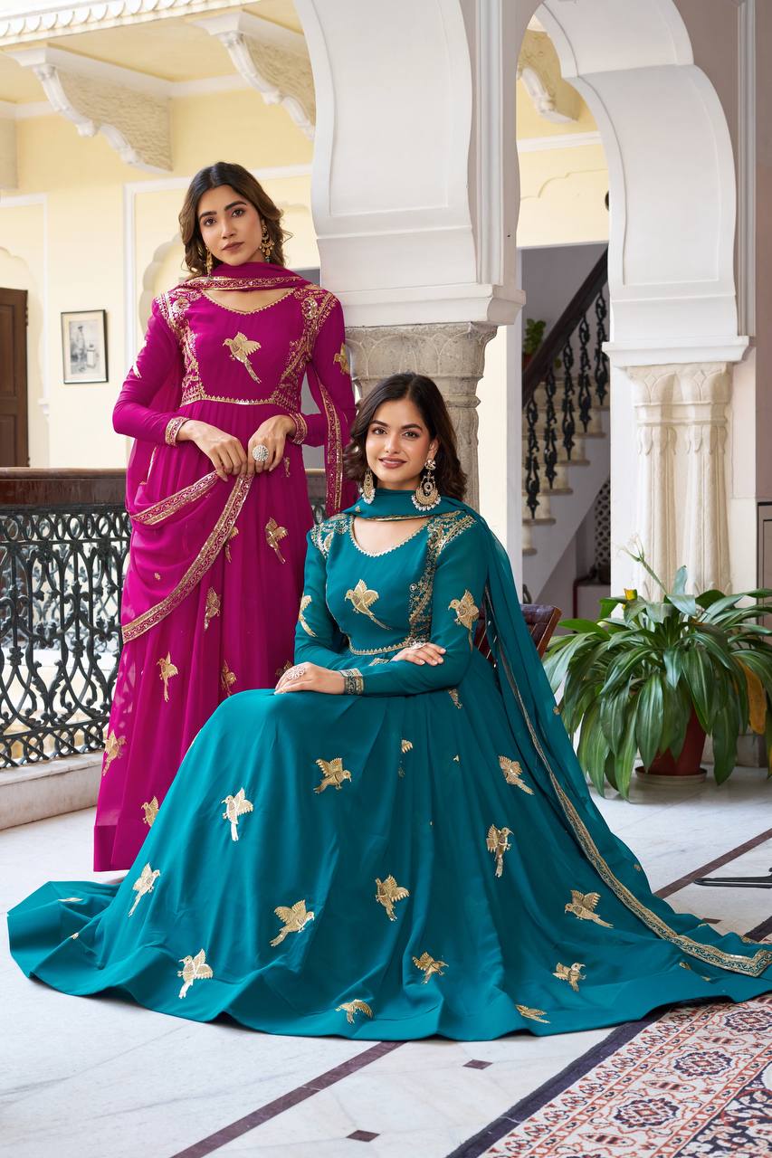 Faux Georgette Embroidered Gown with Sequin Work & Dupatta