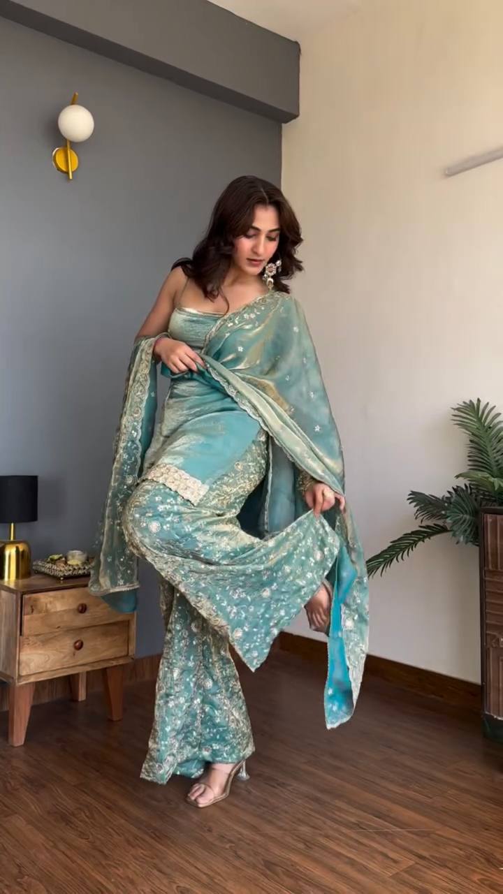 Sea Green Fendy Silk Pakistani Suit with Sequined Palazzo