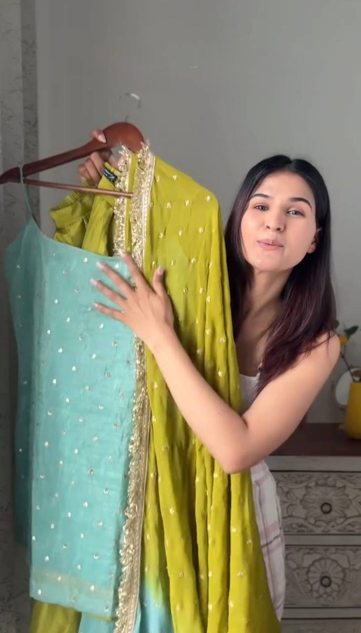 Cyan and Lime Party Wear Suit for Women - Chinon Silk Salwar Suit