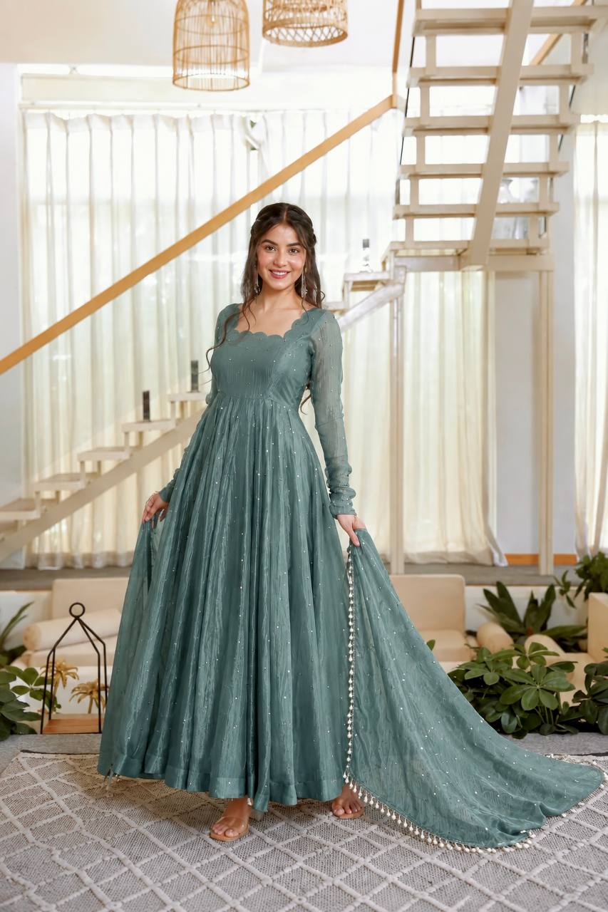 Salsa Silk Foil Work Gown Pent Set with Dupatta