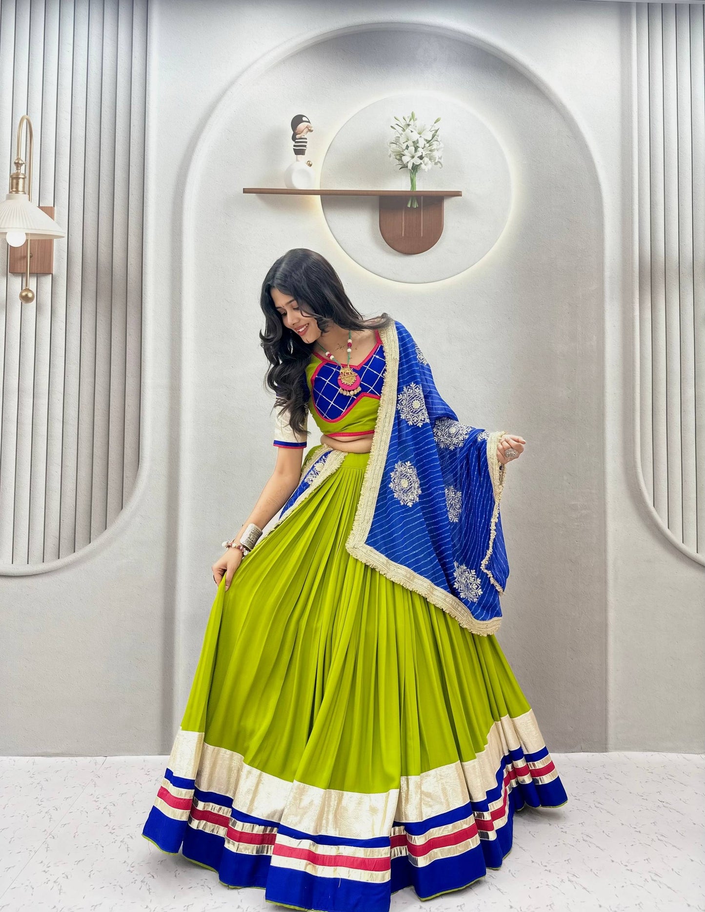 Navratri Special Lime Green & Blue Cotton Lehenga Choli